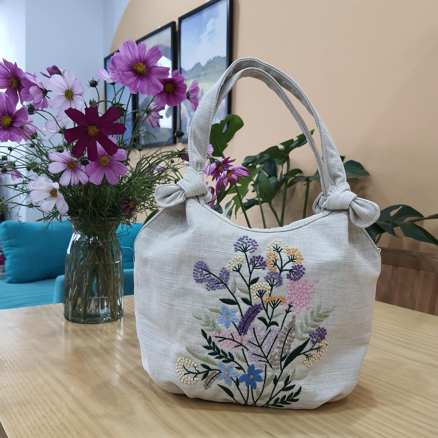 HCRAFT Embroidered Handbags for Women, Colorful Flower Shoulder Tote Bag with Zipper Fabric Hobo Bags, Mother's Day Bag