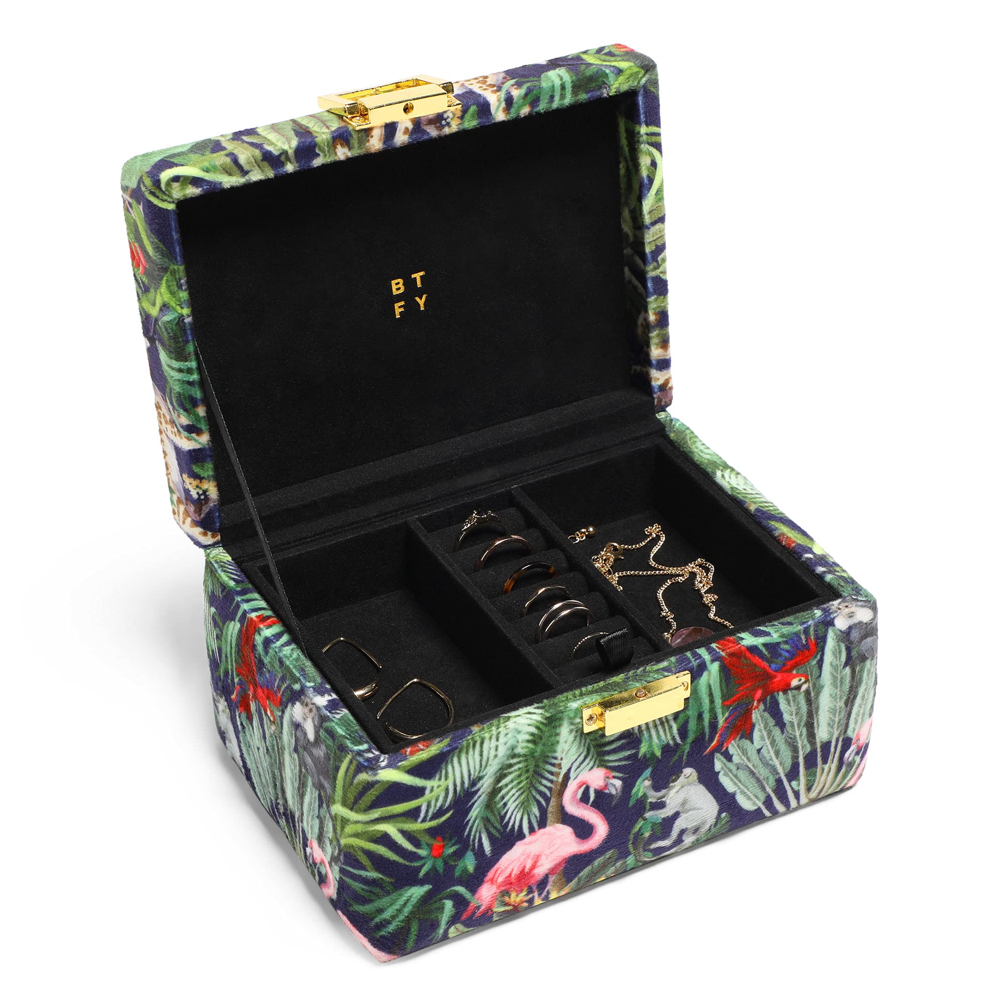 Beautify Jewellery Box - Velvet Storage for Makeup – Eclectic Pattern Dressing Table Organiser with Ring Pad, Removable Tray, Necklace Storage & Bracelet Holder - Bedroom Accessories