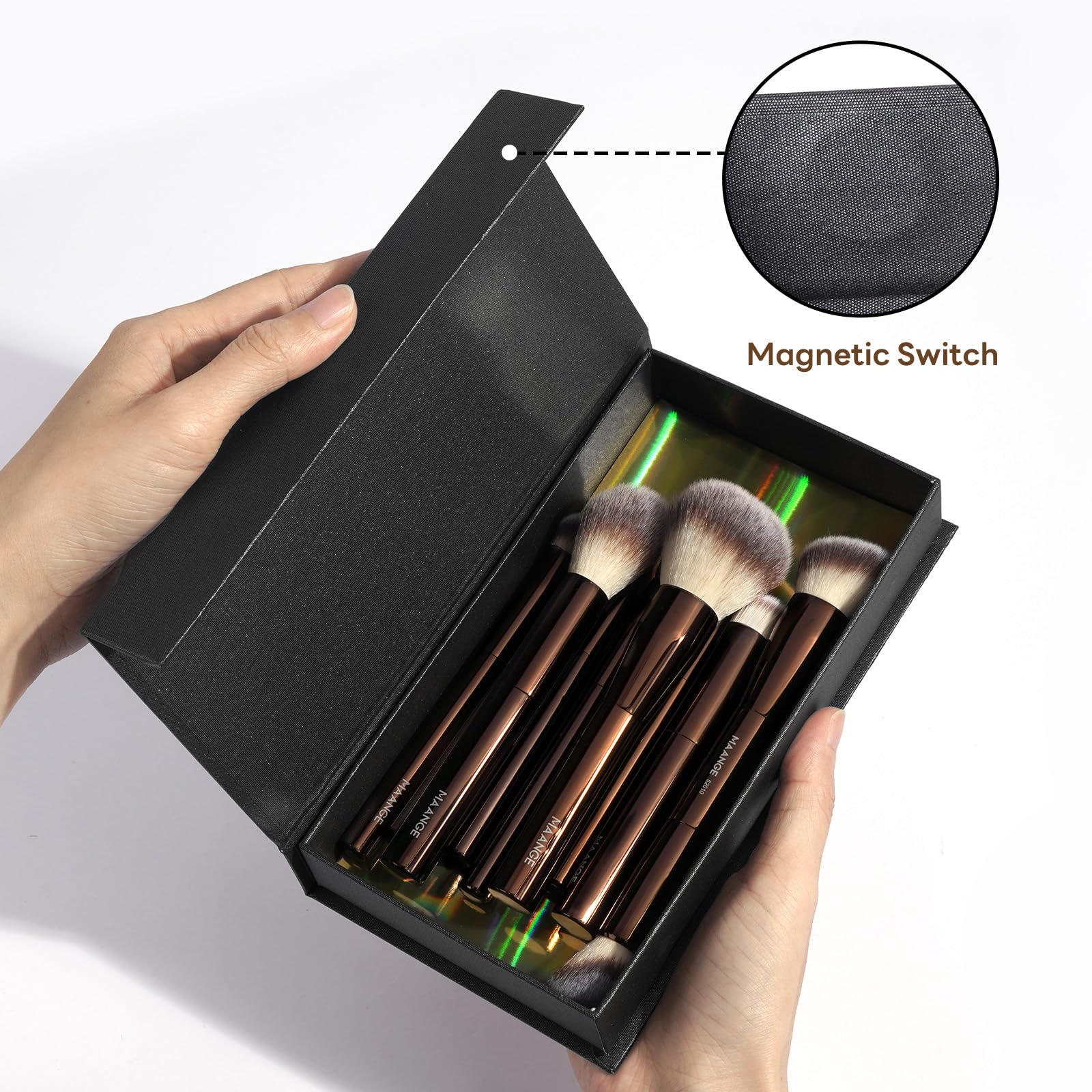 MAANGE 10 Pcs Travel Makeup Brush Set with Magnetic case, Premium Synthetic Short Handle Brushes for Foundation, Powder, Concealer, Eye Shadows, Makeup Brush Tools Set (Coffee Brown) - 5