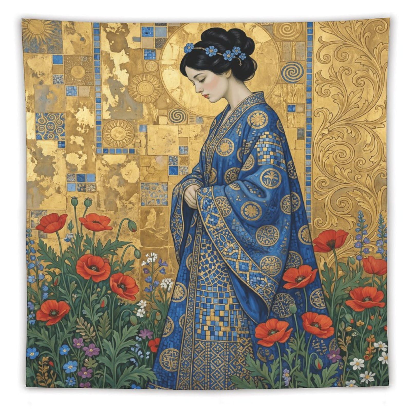 H3B8U2Y5 Blue Golden Mosaic Woman Wall Tapestry, Mosaic, Reading Corner