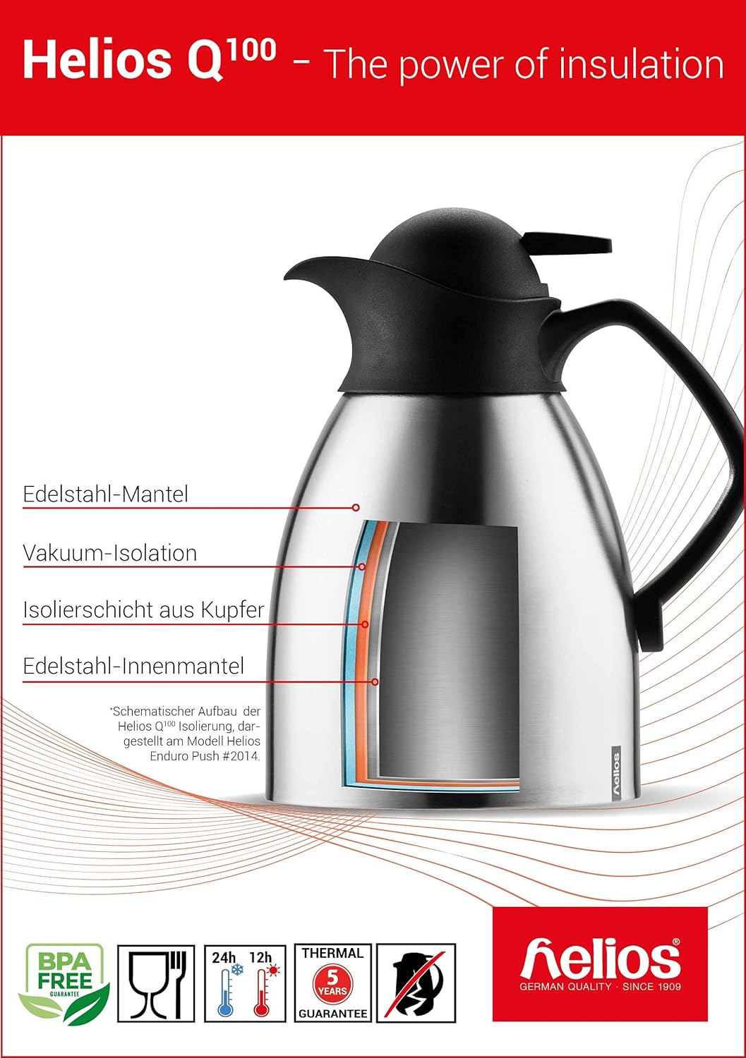 Helios Mondial Push Stainless Steel Vacuum Jug 1.3 Litre