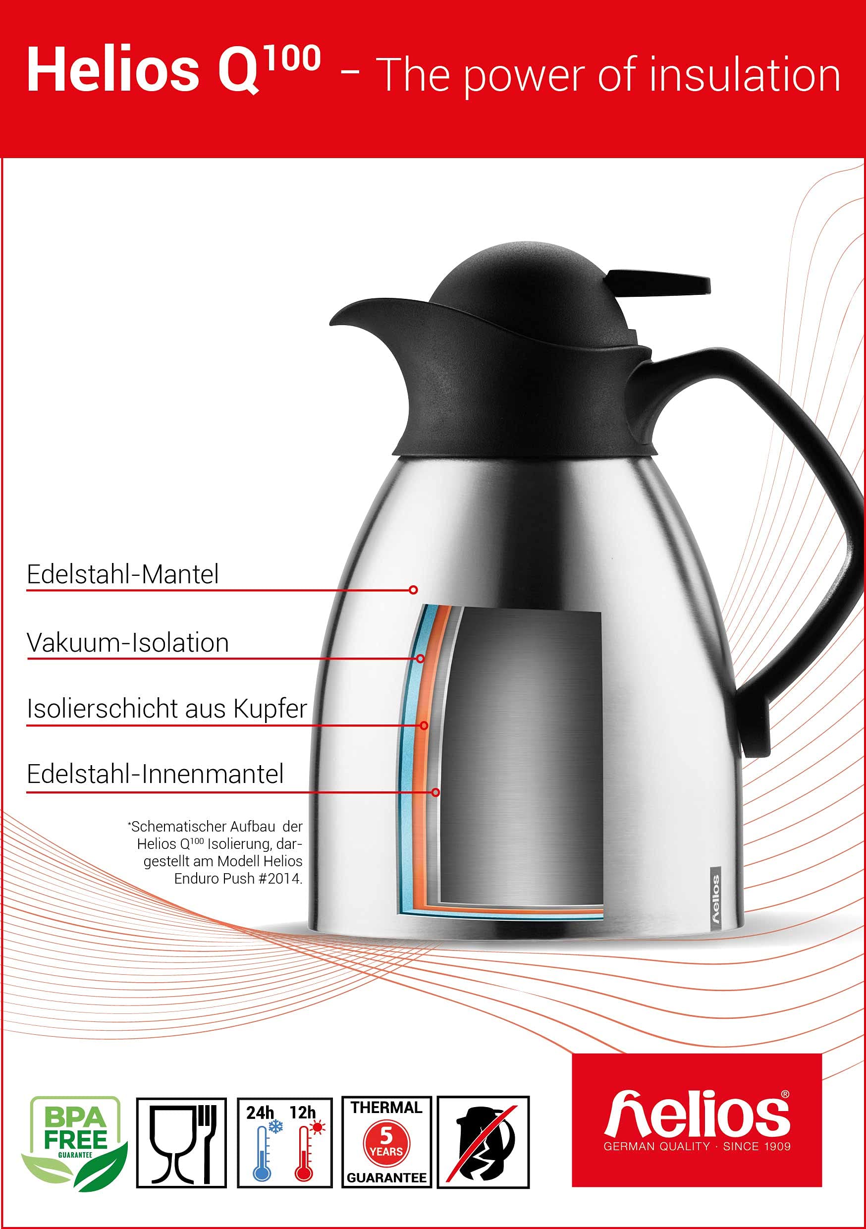 Helios Mondial Edelstahl Thermoskanne 1,3 L – 6h heiß - Bruchsicher – Inkl. Teebeutelhalterung – Einfache Reinigung, Matt