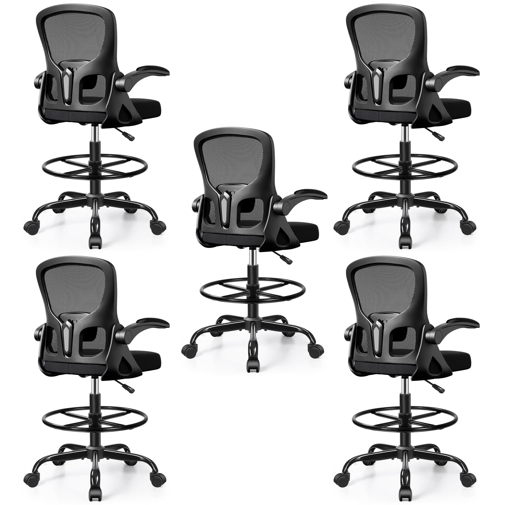 5-Pack Drafting Chair Tall Office Chair for Standing Desk - Ergonomic Computer Work Stool with Flip-up Arms, Foot Ring &amp; Adjustable Lumbar Support. Ideal for Studio, Artist,Study (Black)