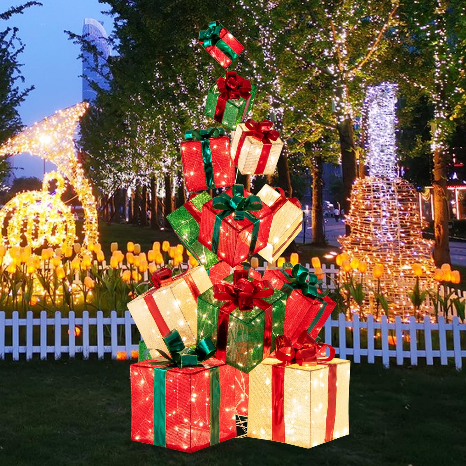 GOPLUS 15er Set LED Geschenkbox, 170cm Weihnachtsboxen Deko stapelbar mit 450 Lichtern, beleuchtete Weihnachtsdeko mit Schleifen & Metallständer für Weihnachtsbaum Zuhause Schaufenster Gartenrasen
