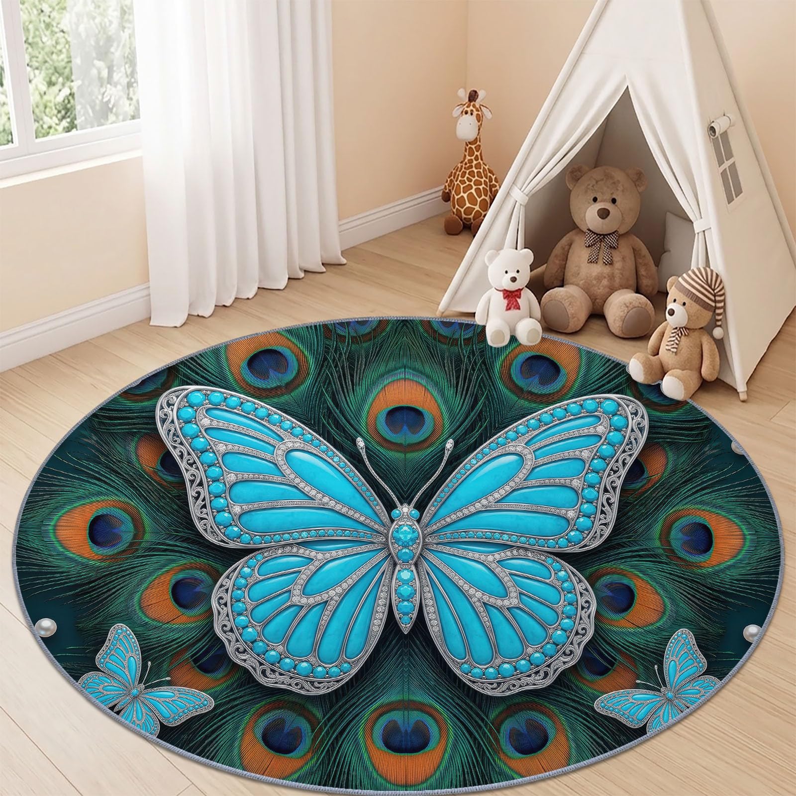 Générique Tapis Chambre Enfant Bébé Fille Garçon Rond 200 cm Insecte Magnifique Papillon & Plumes De Paon - Grand Doux Rampant pour Petite Chambre d'enfant Salon, Bleu