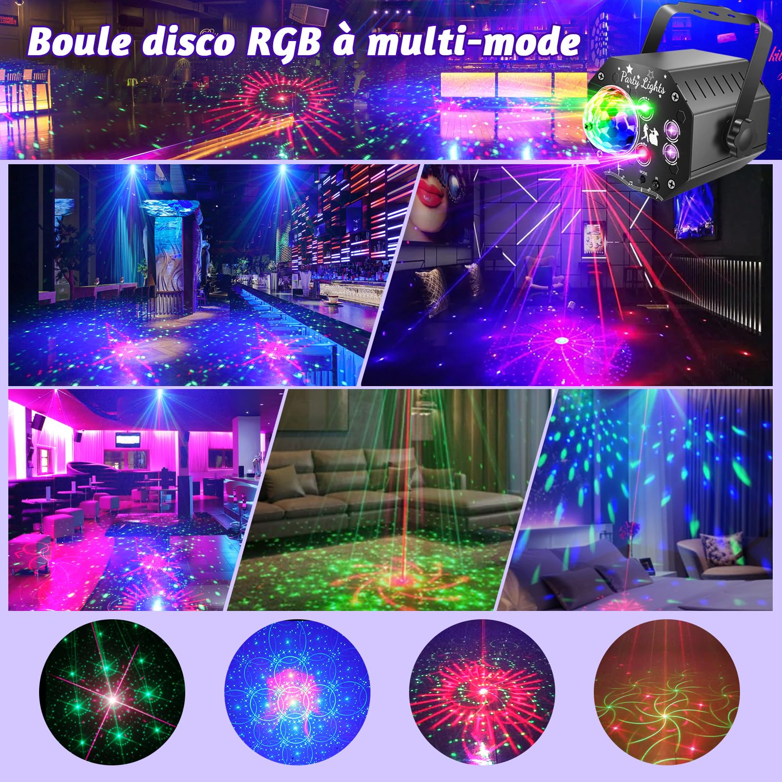 Lampe de Scène avec Télécommande, Rotative 360° Boule Disco avec Stroboscope, 64 Modes RGB UV, Lumière Disco Contrôlée par Musique, Lumiere Soirée avec 2m Câble USB pour Halloween, Noël, Club