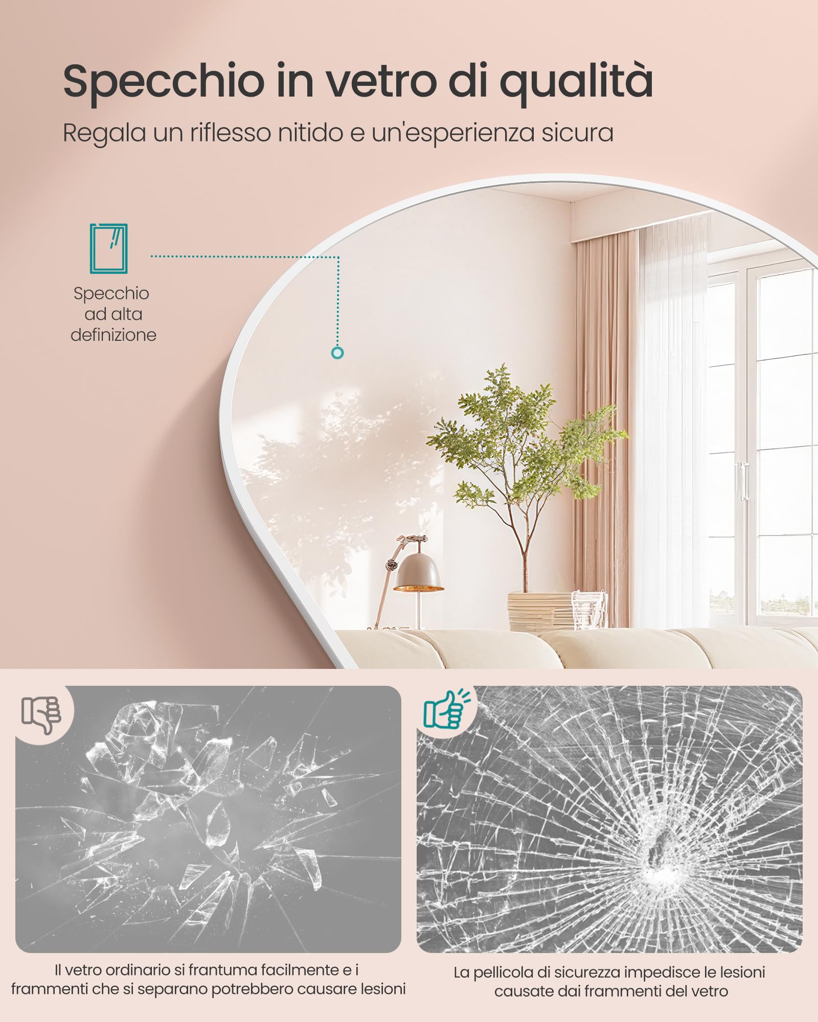 SONGMICS Specchio a Figura Intera, 160 x 50 cm, Specchio da Terra ad Arco con Supporto, Cornice in Lega di Alluminio, Vetro Temperato, Camera da Letto Soggiorno, Bianco Opaco LFM031WC01