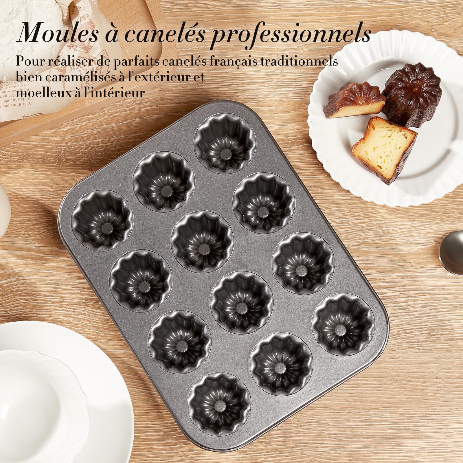 ROSSETTO Moule à Cannelés 12 Cavités en Acier Carbone – Moule à Gâteau Antiadhésif pour Four, Moule à Pâtisserie Résistant, Gris