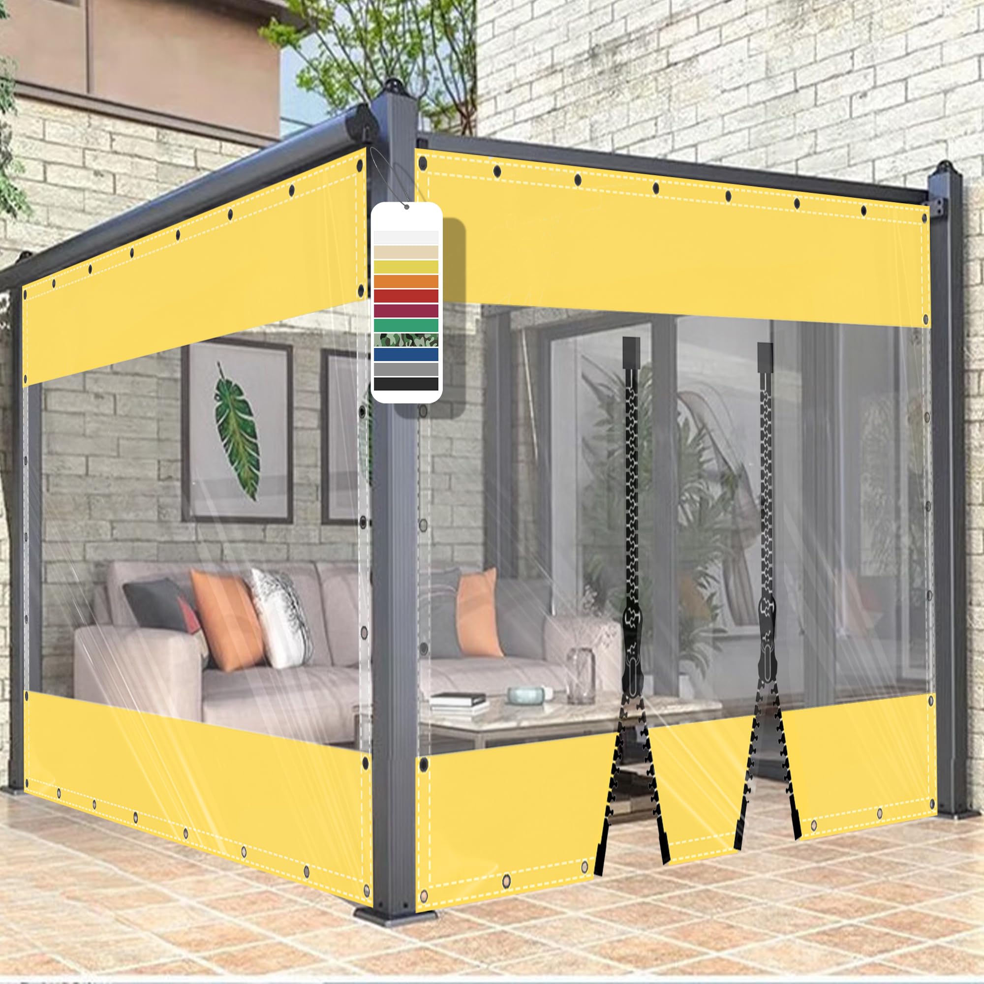AMXFS Transparent tarpaulin with eyelets, crystal clear patio tarpaulin made of 580g/㎡ PVC Yellow H2.8mxL2.4m Outdoor Curtain Weatherproof Waterproof Rain Cover without Zipper