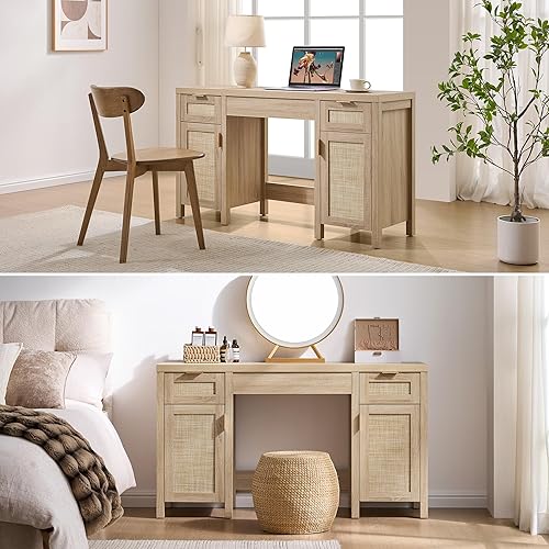 Miniatura 8 de SICOTAS Tocador de Ratán para Oficina en Casa - 52" Gran Mesa Tocador de Maquillaje Estilo Granja Bohemio con 3 Cajones y 2 Gabinetes