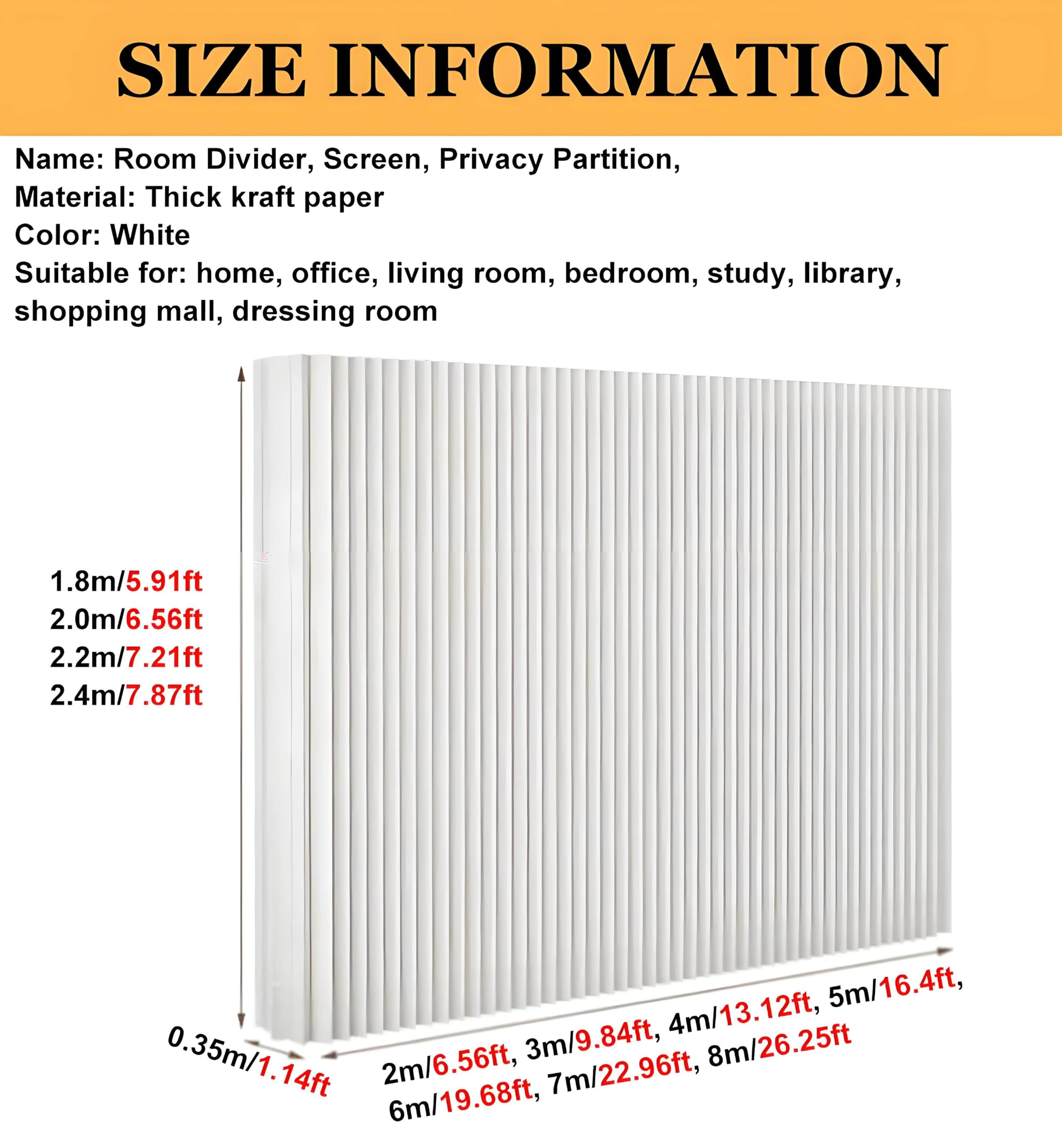 Biombo separador de ambientes,separador de pared para separar ambientes,separador independiente para interiores,para casa,oficina,estudio,exposición,papel kraft plegable.,White-5 * 2.4m/16.4 * 7.87FT