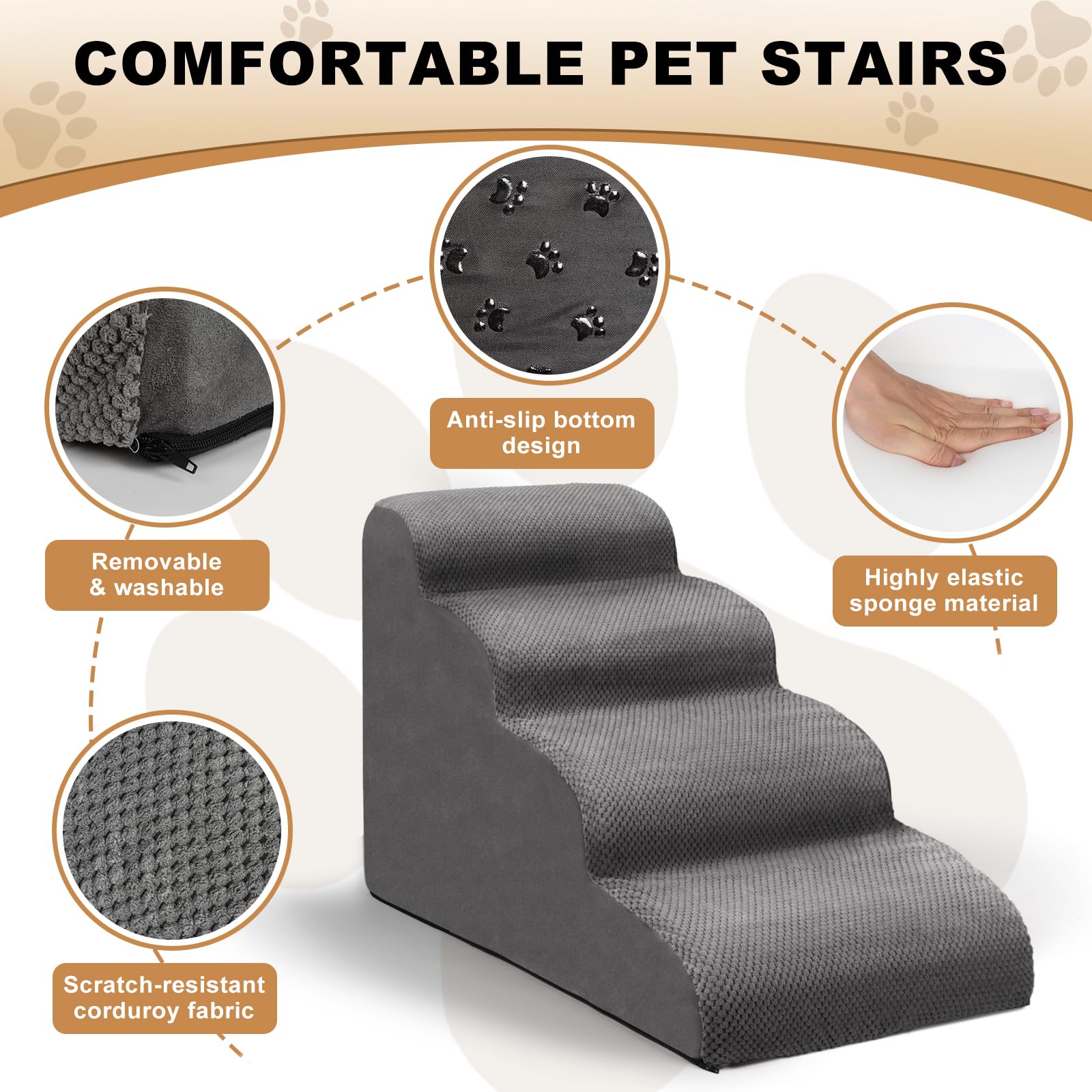 Scaletta per Cani 4 Gradini, Scale per Animali Domestici, Rampa con Copertura Rimovibile, per Divano e Letto, Piccola Taglia con Rullo Rimuovipeli