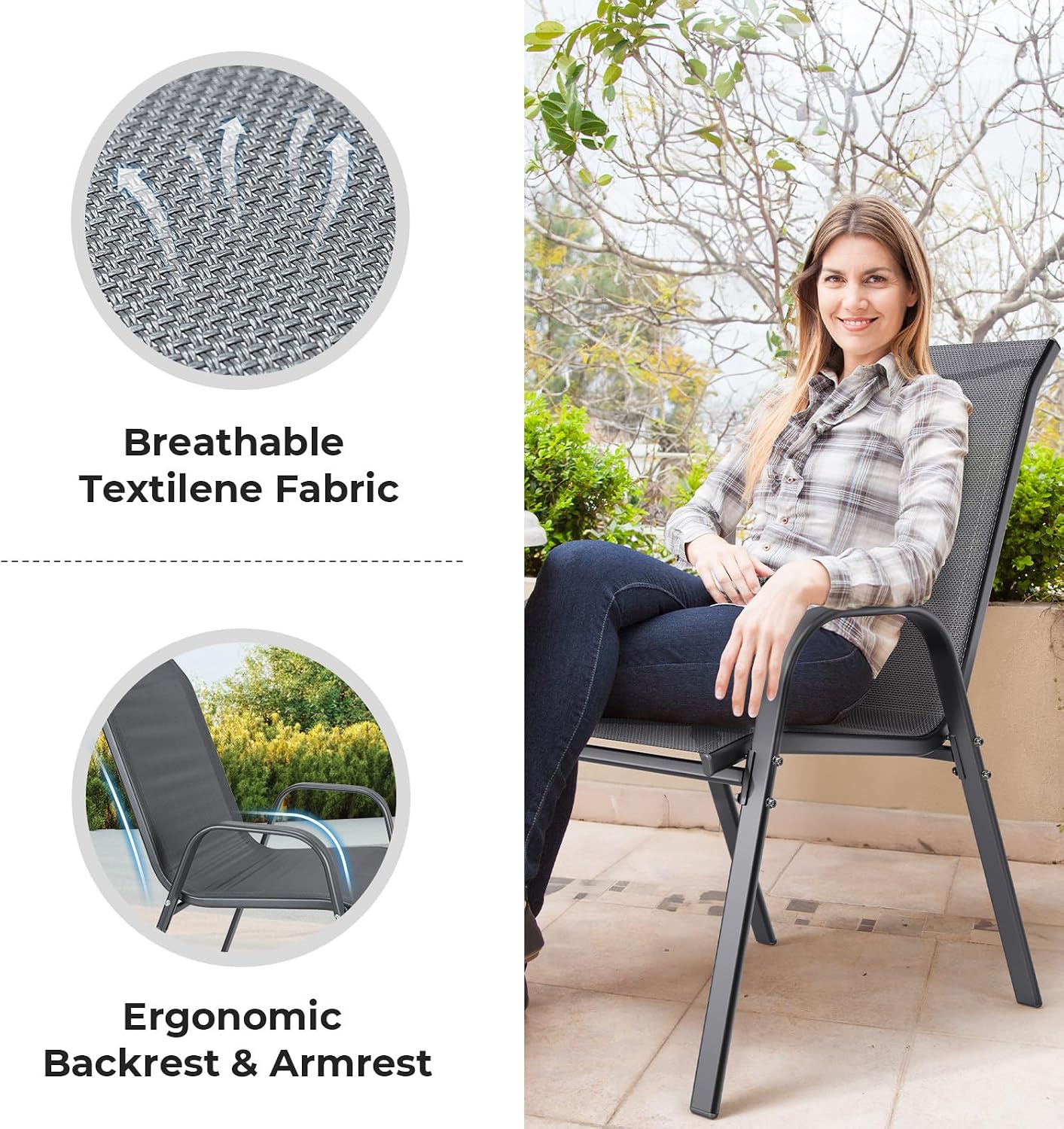 Patio Chairs Outdoor Dining Chairs Set of 2, Stackable All Weather Dining Chairs Set, Textilene Heavy Duty Patio Furniture Chair with Curved Back Bar & Rustproof Steel Frame for Deck Garden Pool Grey