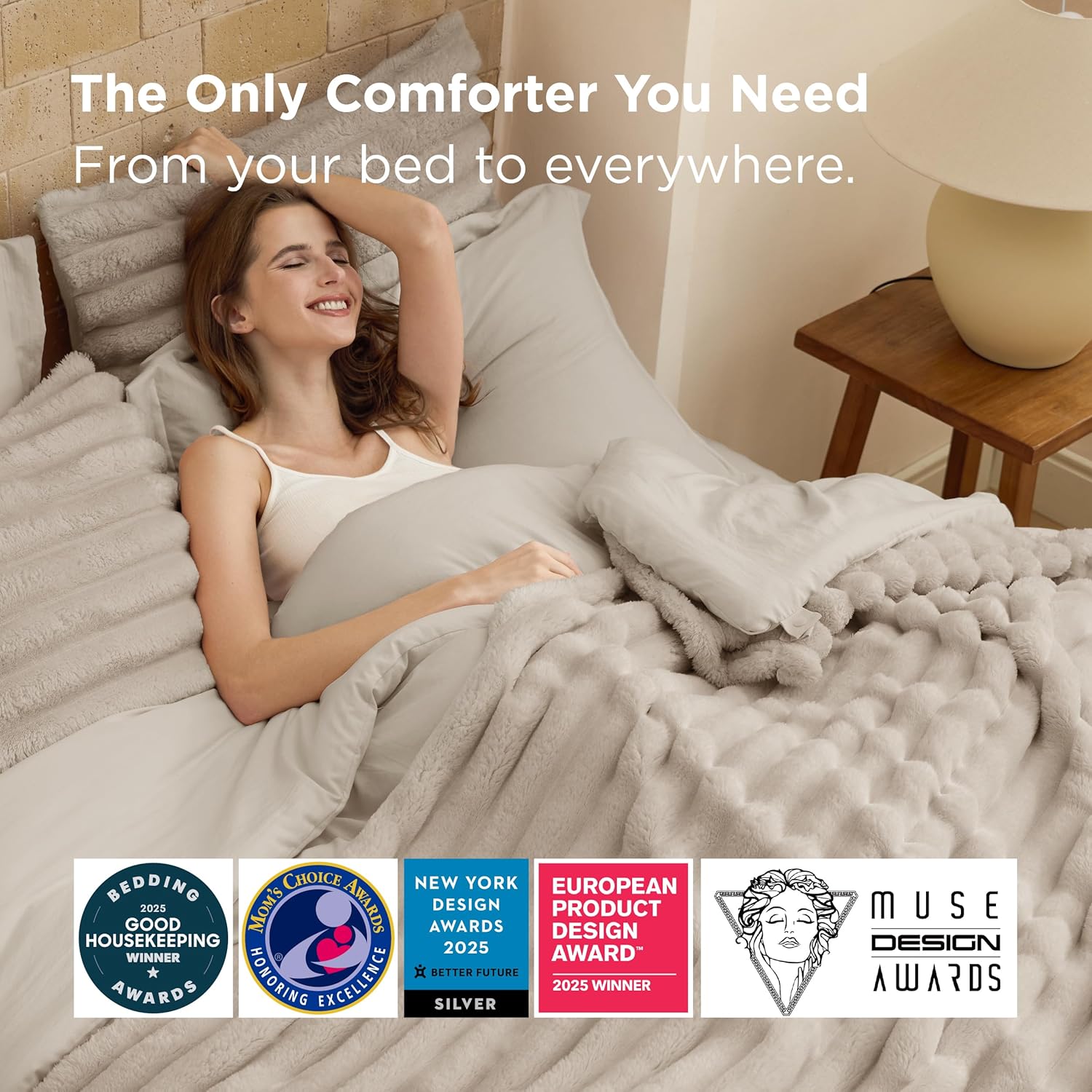 Bedsure Gentlesoft™ 2-in-1 King Size Comforter Set and Detachable Fluffy Blanket, Beige Bedding Set for All Season Use, SnapTech™ Design for Space Saving (Includes 2 Pillow Shams, 2 Pillowcases) - Image 3