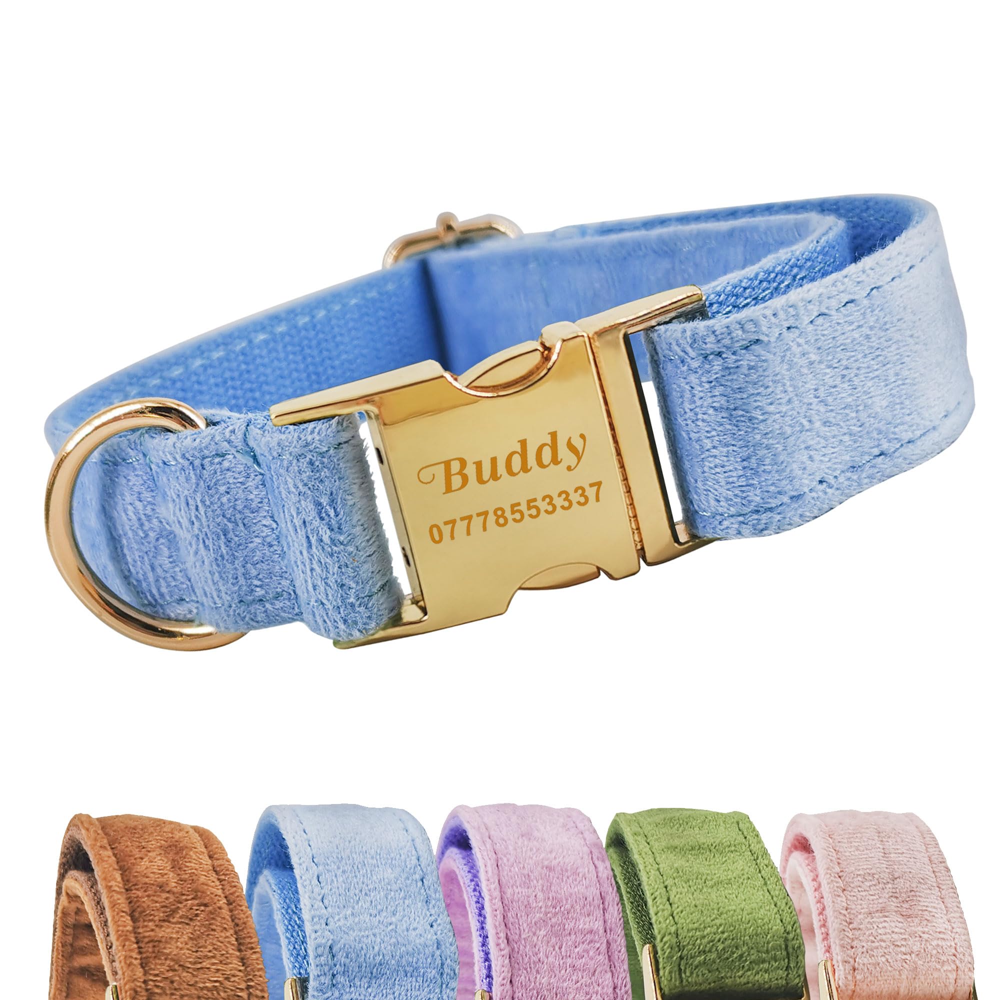 Personalised Dog Collar Custom Adjustable Velvet Dog Collars Engraved Puppy Pet Collars for Small Medium Large Dogs Cats Puppy Pet Furry Friend (Blue, L)