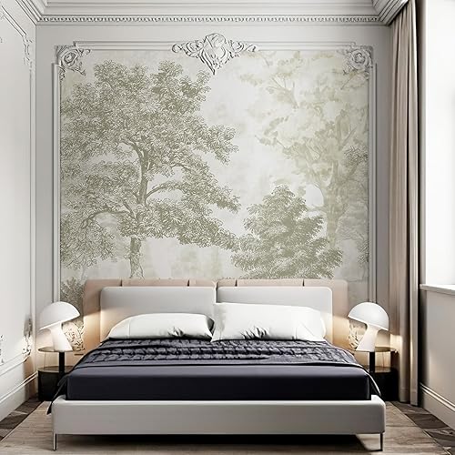 Miniatura 6 de Mural de pared vintage de bosque de 87 pulgadas de ancho x 110 pulgadas de alto, mural de pared de árbol verde beige para despegar y pegar, papel de