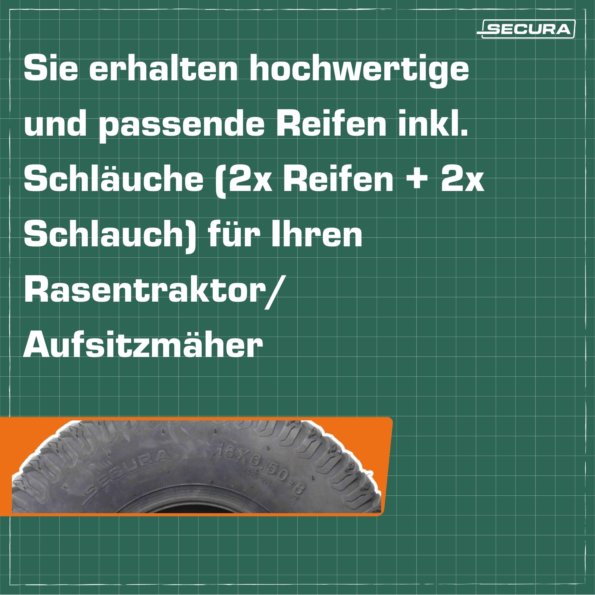SECURA 2x Reifen Tubeless 18x6.50-8 inkl. Schläuche mit geradem Ventil TR13