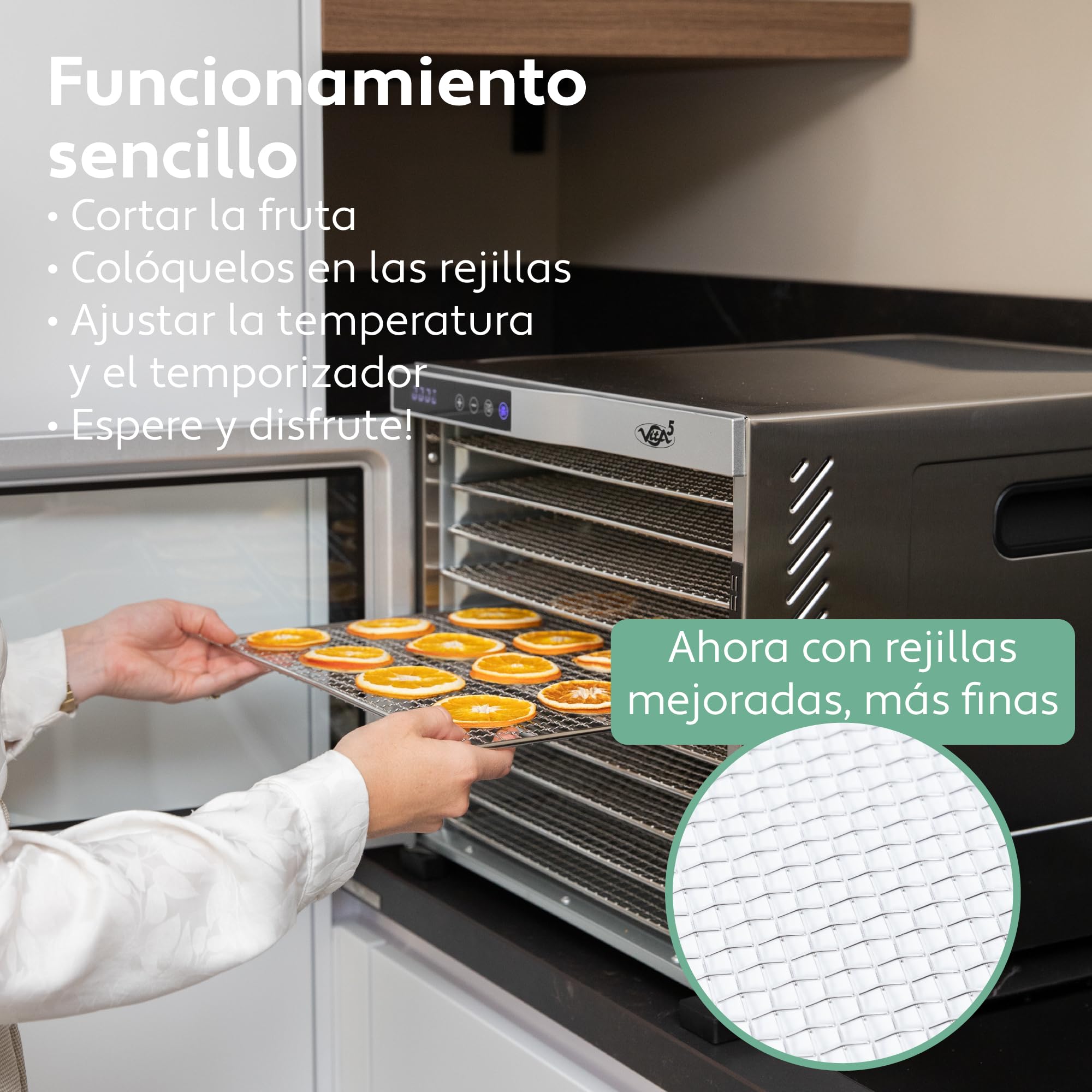 Vita5 Deshidratador de Alimentos con 6 Bandejas de Acero Inoxidable - Deshidratador con Temperatura Regulable 35-75°C - Deshidratadoras de Carne, Setas y Fruta con Timer 24h – 650W Desidratadoras