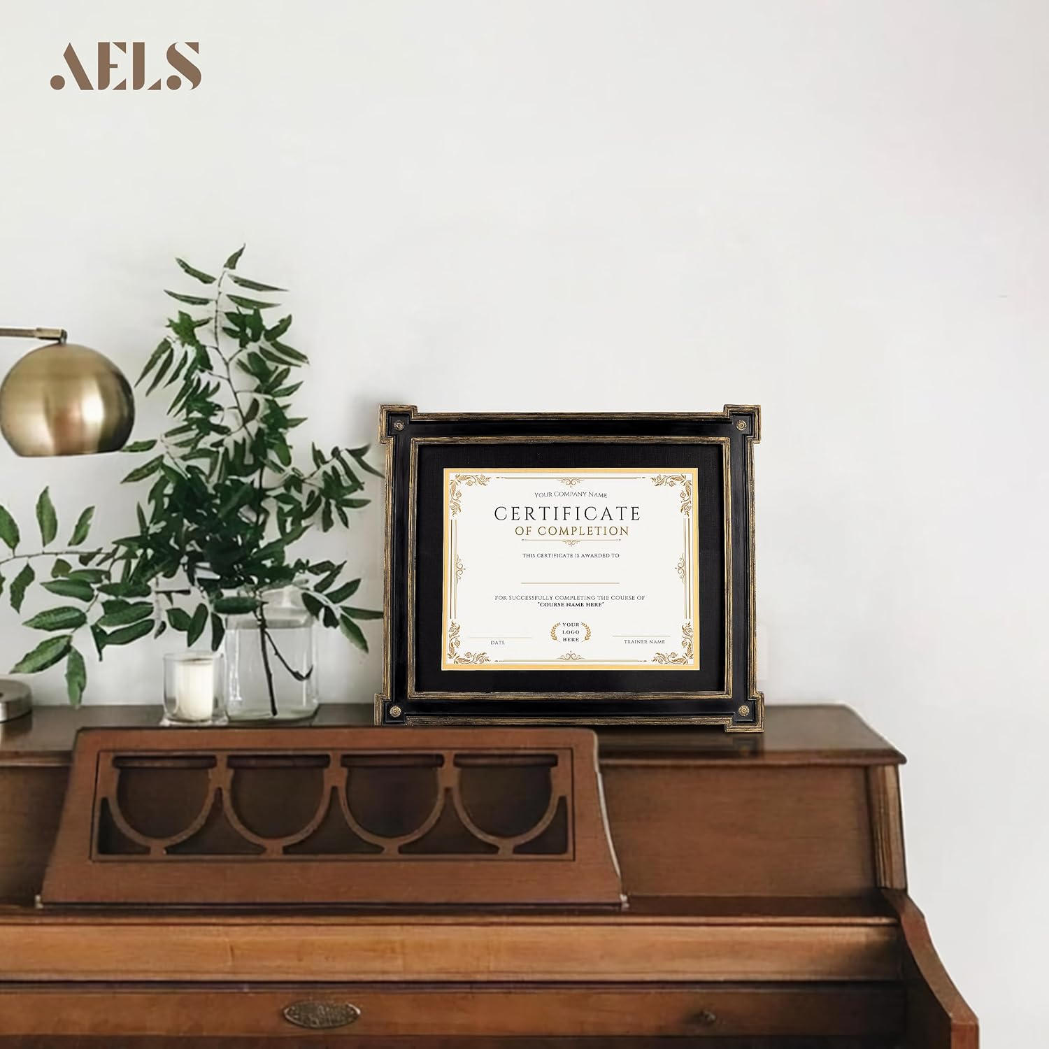 AELS 8.5 x 11 Diploma Frame for Wall and Tabletop Display, Vintage College Degree Document Certificate Frame with HD Glass, Fits 8.5 x 11 Certificates with Mat or 11 x 14 without Mat, Black with Gold