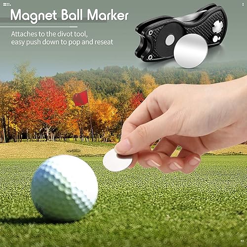 Miniatura 29 de Skylety 4 piezas de golf Divot herramienta de reparación con botón magnético marcador de bola Divot herramienta de acero inoxidable plegable Rojo