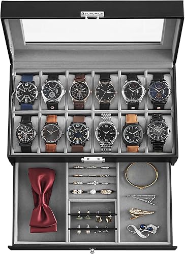 SONGMICS Caja de reloj, Organizador de 12 relojes de hombre, Joyero con cerradura y llaves, Negro UJWB012
