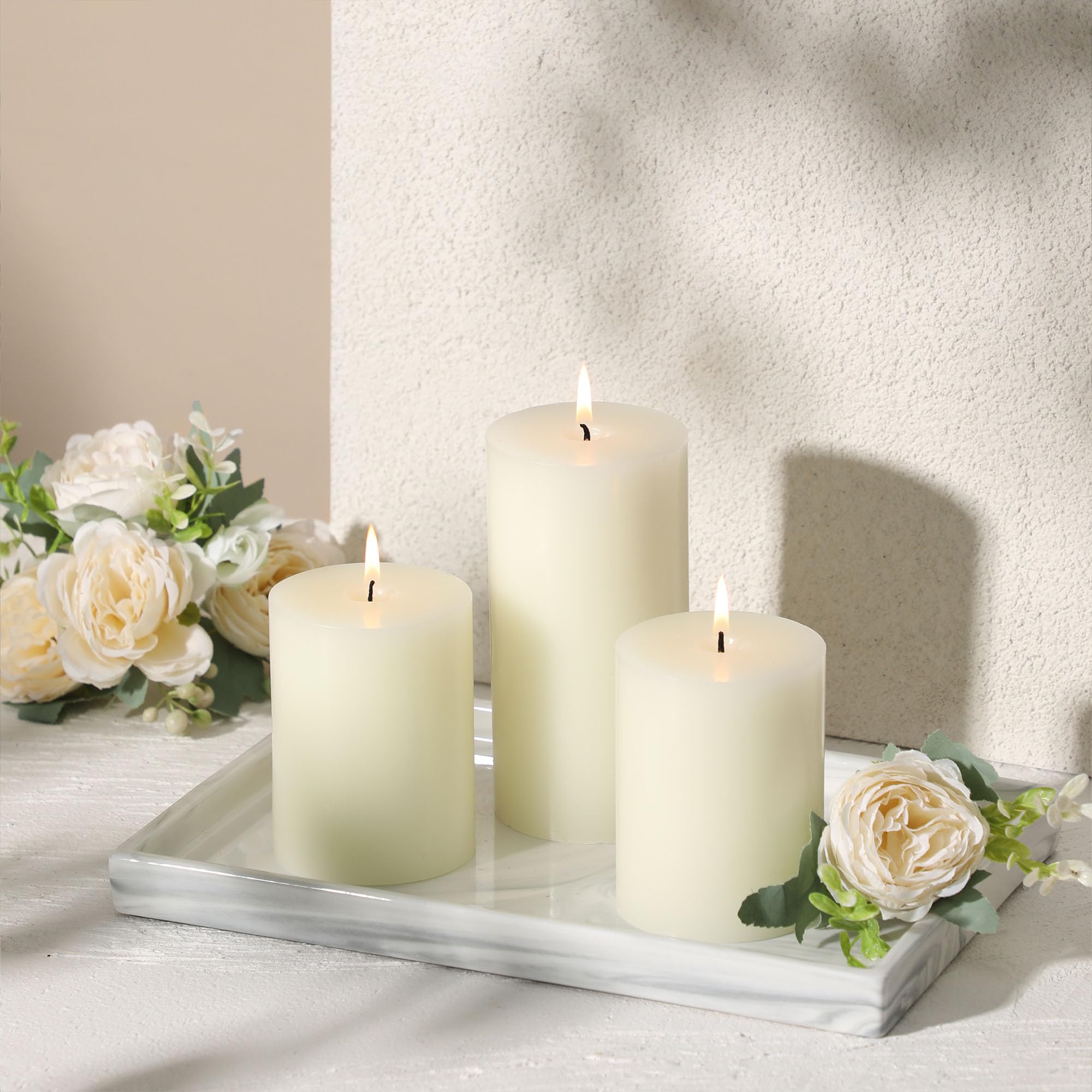 Set di 3 candele a pilastro 3 x 6, candele non profumate, candele a lunga durata, antigoccia, per decorazioni domestiche (bianco)