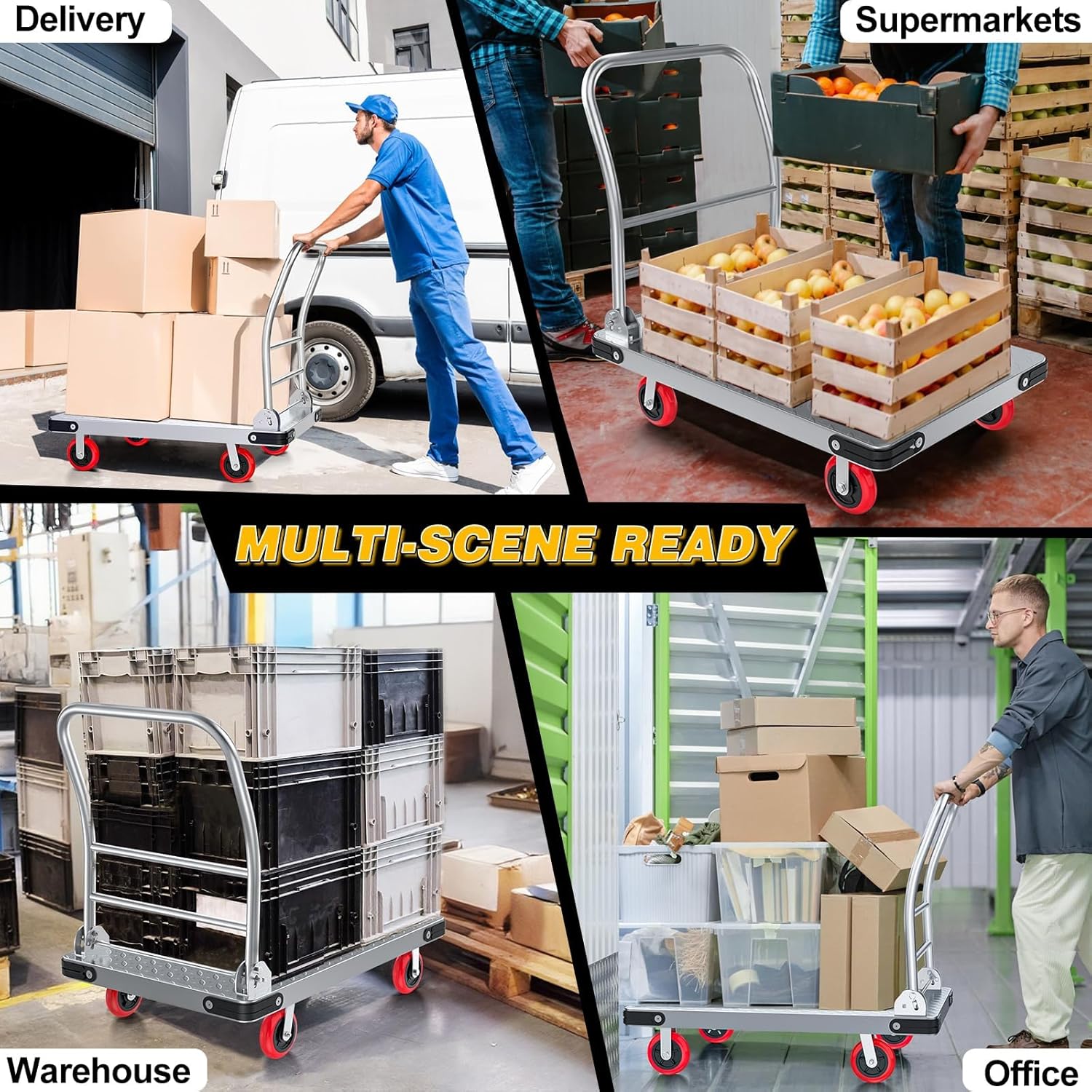 Heavy Duty Foldable Platform Truck - 2700LB Capacity Steel Push Cart, 40"x24" Oversized Flatbed with 5" Swivel & Fixed Wheels, Industrial Hand Truck for Warehouse Moving