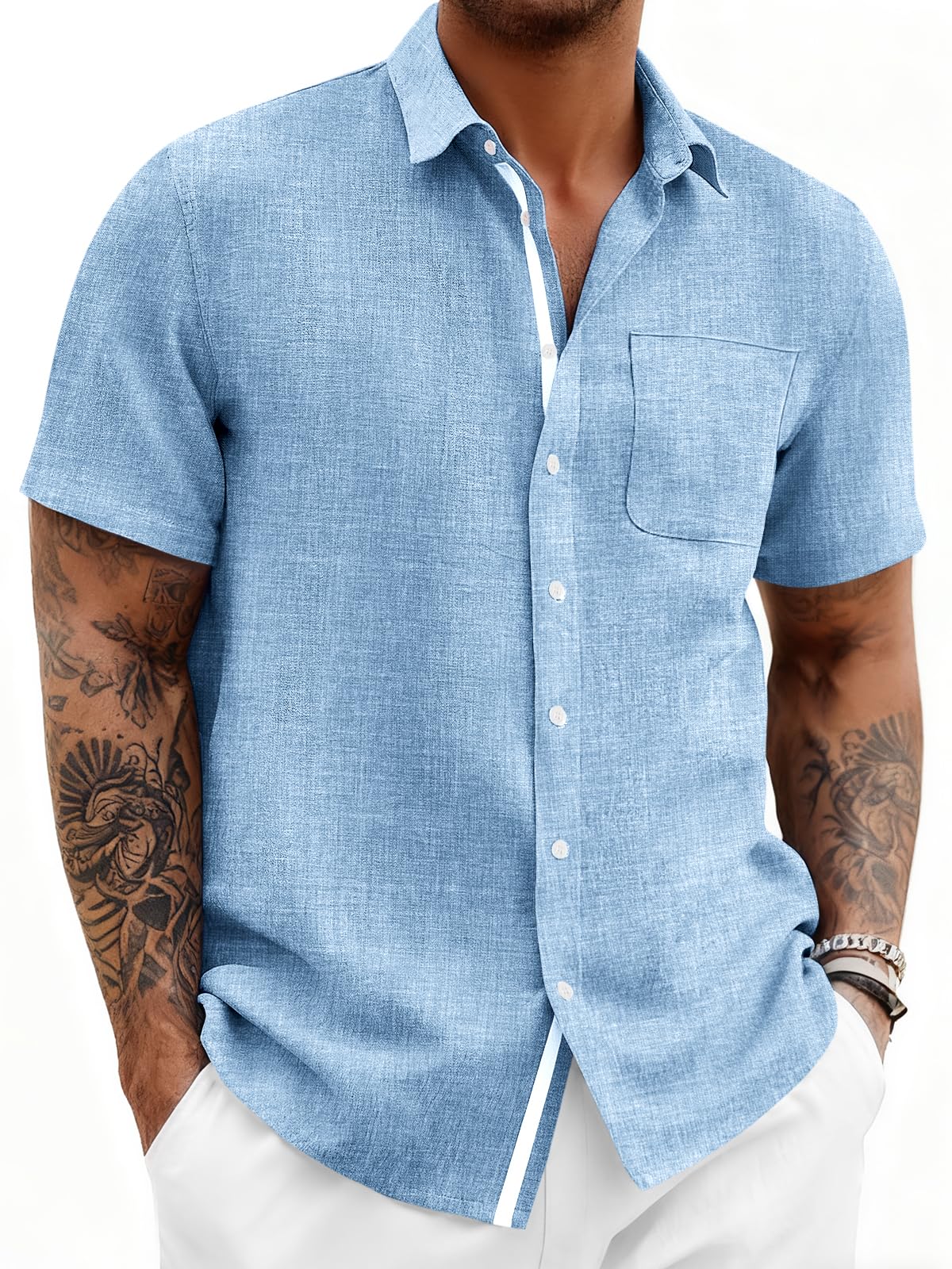 Mens Button Down Shirts Casual Short Sleeve Linen Shirt Summer Beach Wedding Tops with Pocket