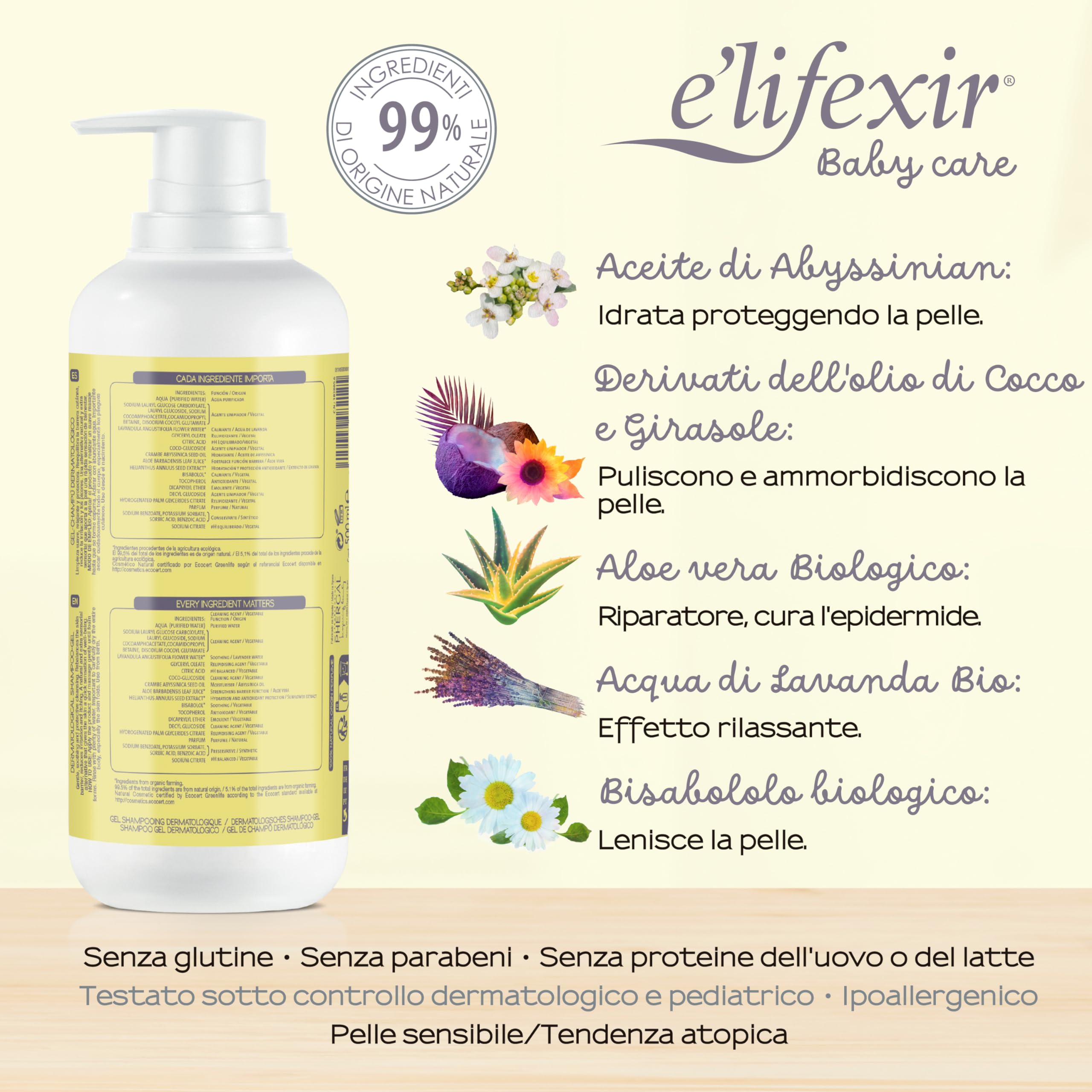Elifexir Baby Care | Shampoo Gel Dermatologico Ipoallergenico per Neonati | 99,5% Ingredienti di Origine Naturale | 500 ml