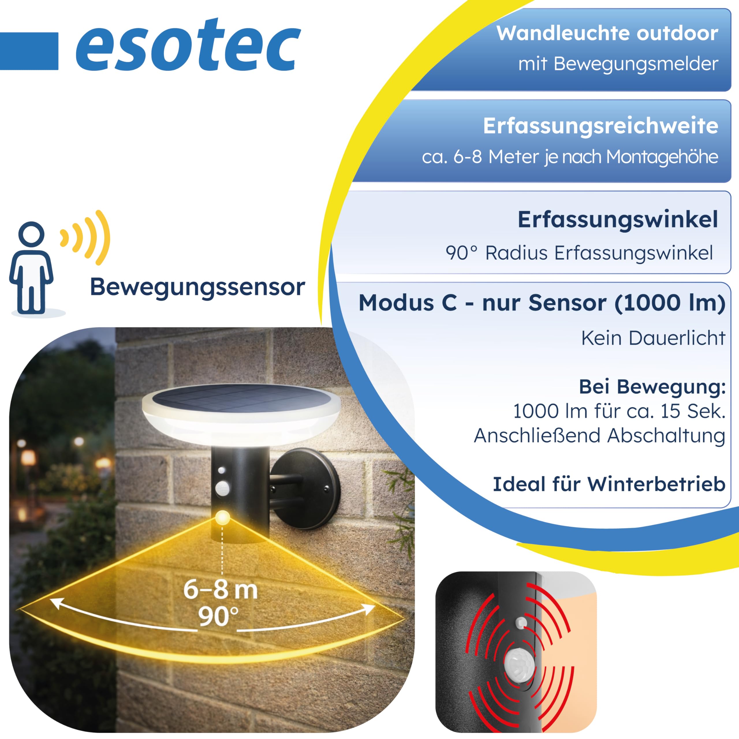 esotec Solar Wandleuchte mit Bewegungsmelder Luna CCT, H=23,5 cm, Außenleuchte 3 Lichtfarben, wechselbarer LiFePO4 Akku 102938