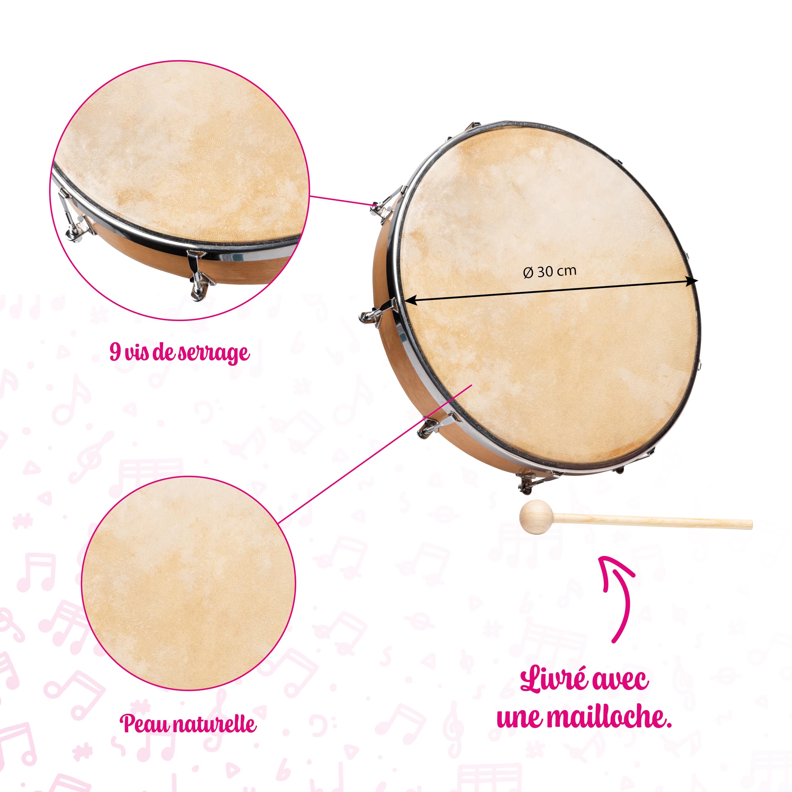 Fuzeau – Tambourin Peau Naturelle Ø30 Cm – Léger, Solide Et Facile À Jouer – Cerclage Bois – Instrument Musique Percussion Rythmique Authentique – Enfant Dès 7 Ans – Réf. 578