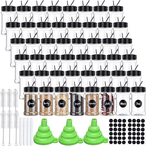 Miniatura 1 de 48 frascos de plástico transparente para especias, botellas de especias con tapas de coctelera, recipientes de condimentos de plástico con etiquetas