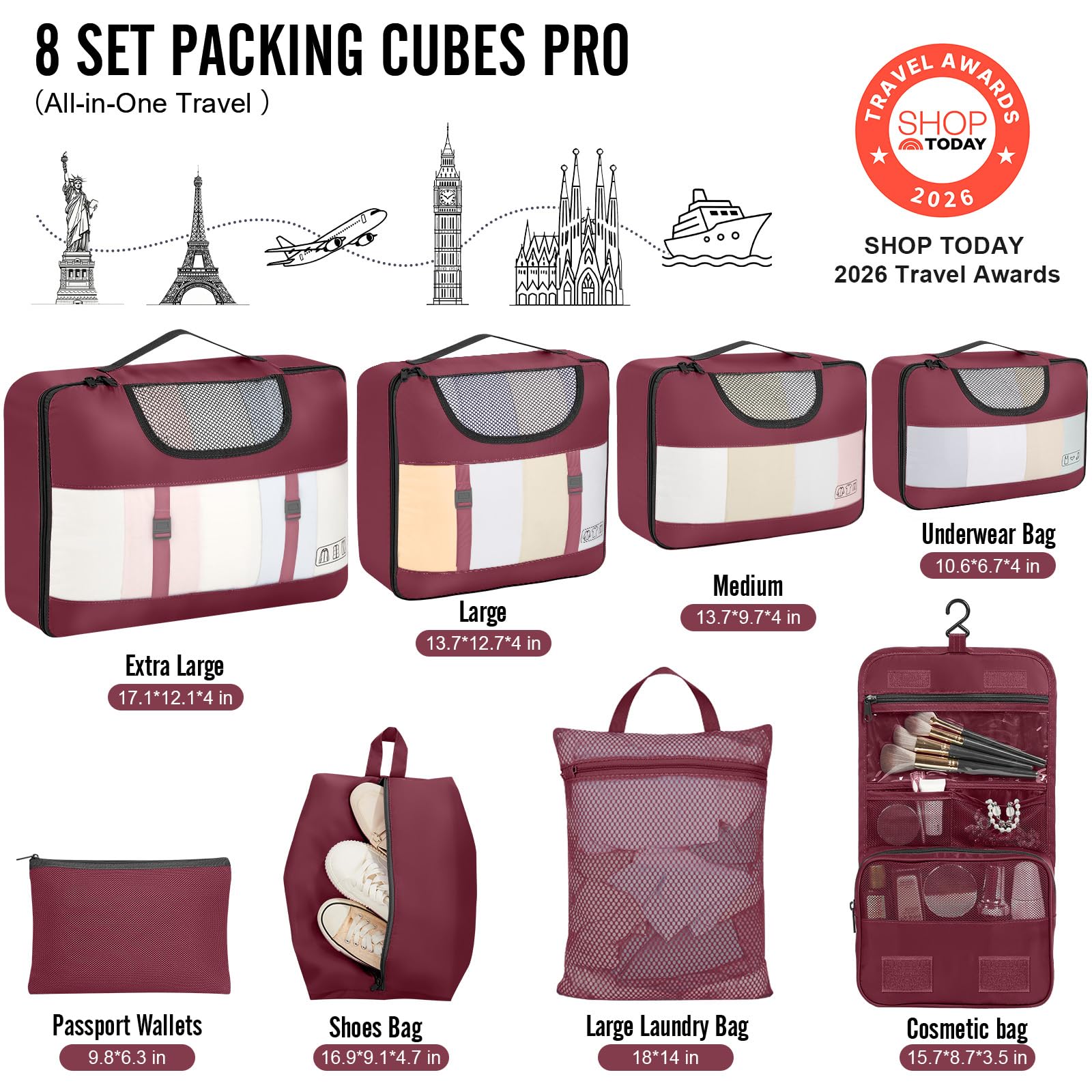 Veken 8 Set Packing Cubes for Travel Essentials,Anti-Wrinkle Buckled Suitcase Organizer for Shoe & Toiletry Bag,Carry On Luggage Bag with 99+ Count Mesh Holes for Airplane & College Dorm Accessories view 2