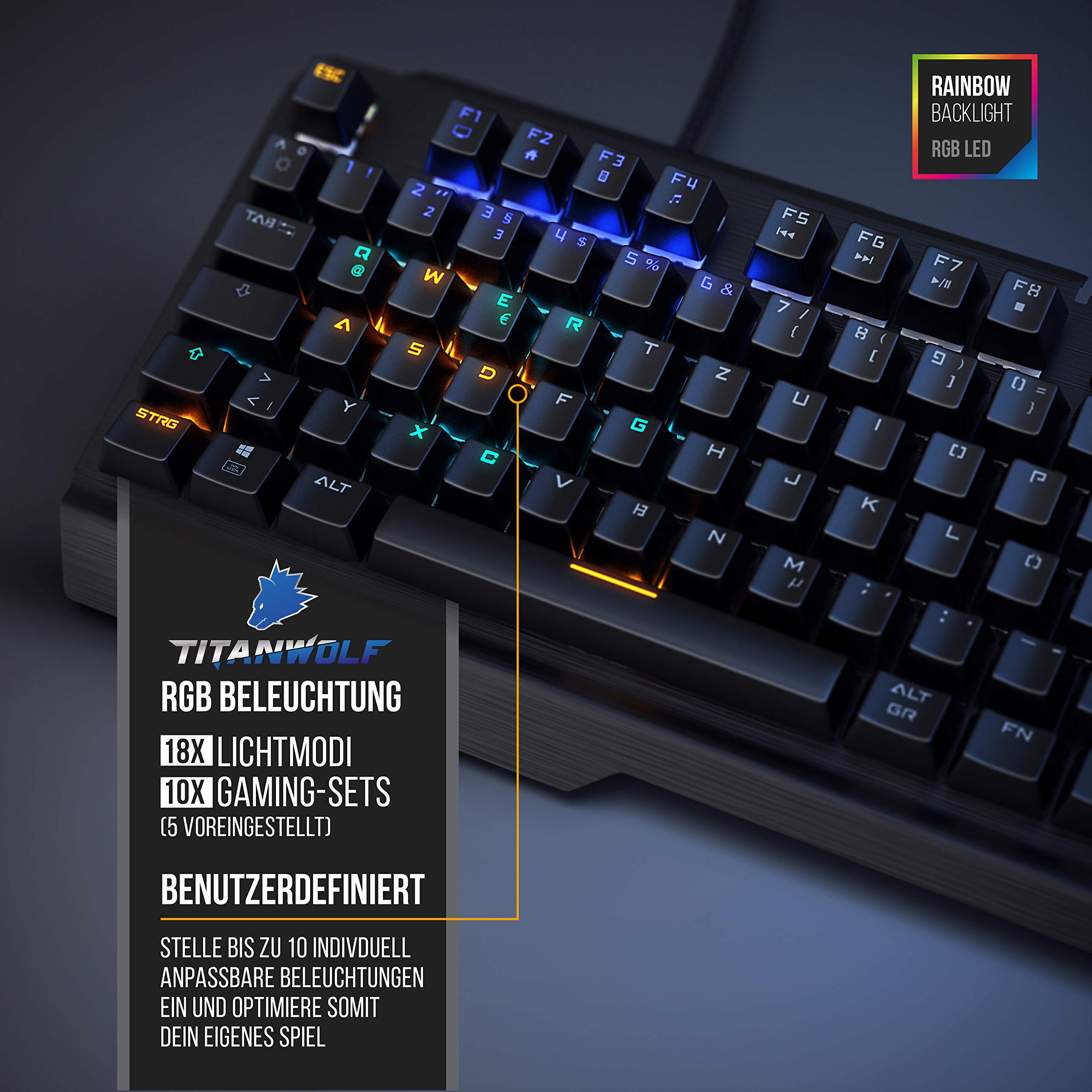 CSL-Computer Titanwolf - mechanische Tastatur Alumar - Mechanical Keyboard Gaming - Gaming-Tastatur - Anti-Ghosting - QWERTZ-Layout DE - volles Key Rollover - RGB LED-Hintergrundbeleuchtung