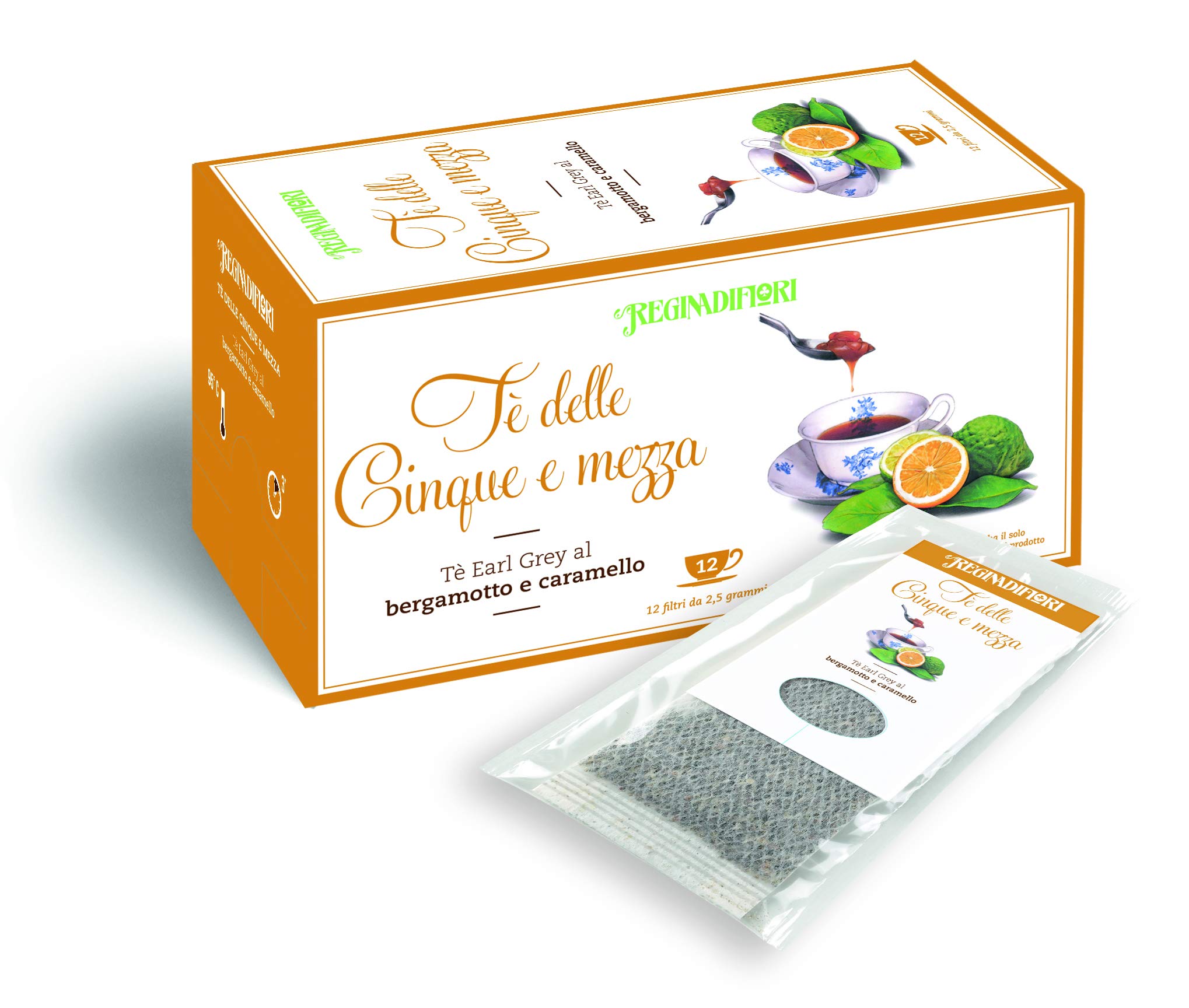 TE' DELLE CINQUE E MEZZA Tè Earl Grey al Bergamotto e Caramello | Regina di Fiori | Una selezione di Tè per la tua giornata | 48 filtri in 4 confezioni da 12 filtri l'una