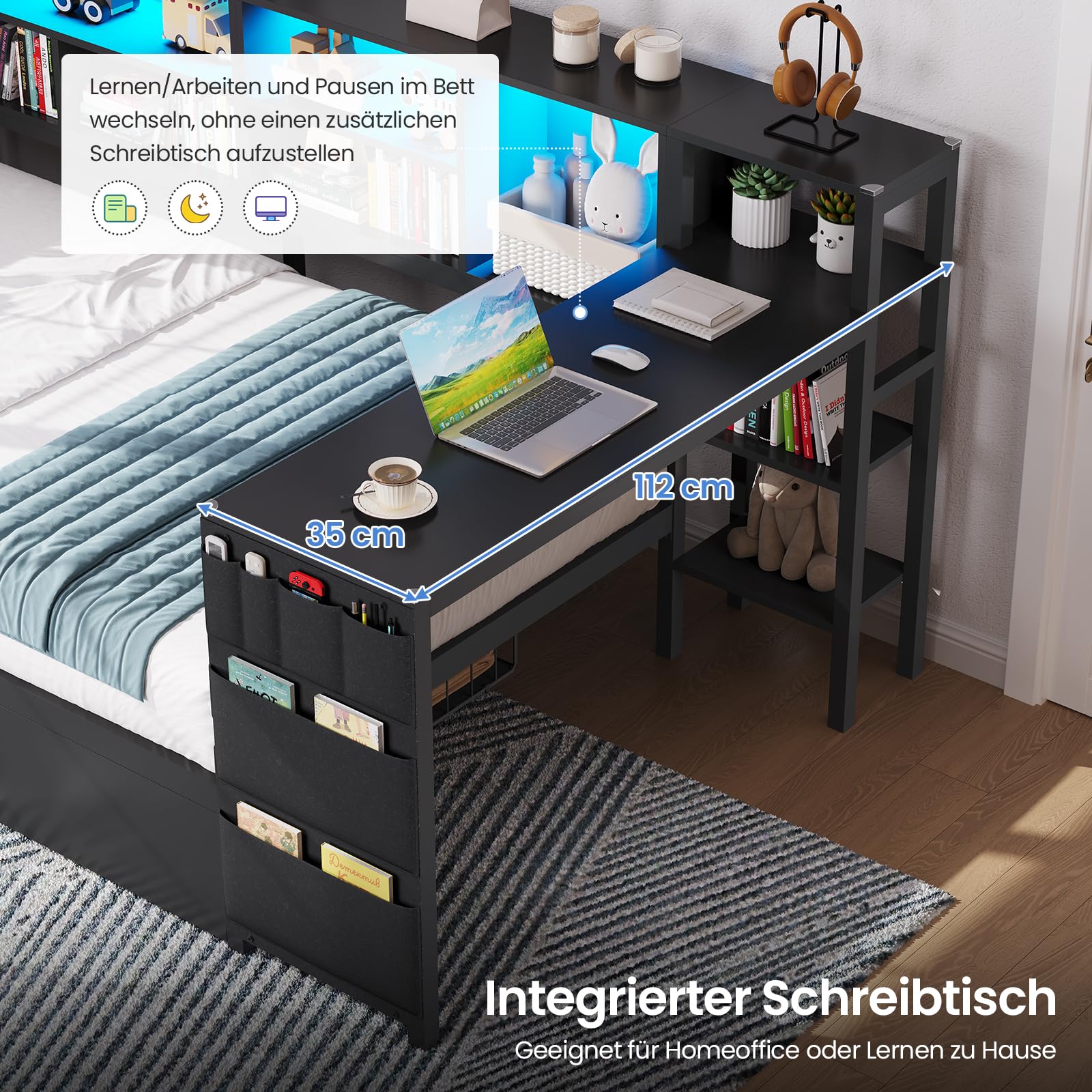 Brinlawb Schlafsofa mit LED-Beleuchtung und Ladestation, Jugendbett 90x200 cm mit einem 35x112cm Tisch und zwei großen Schubladen, Bett 90x200 Tagesbett mit polsterter Rückenlehne am Kopfteil, Schwarz