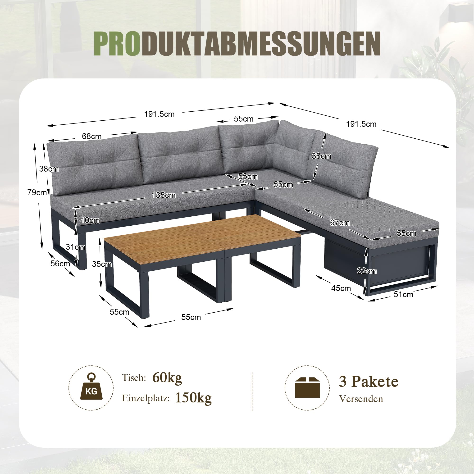 Set di mobili da giardino,Divano da giardino da esterno con schienale regolabile su 3 livelli,Divano con spazio di archiviazione e funzione di inclinazione,Adatto per terrazzi e giardini,Grigio