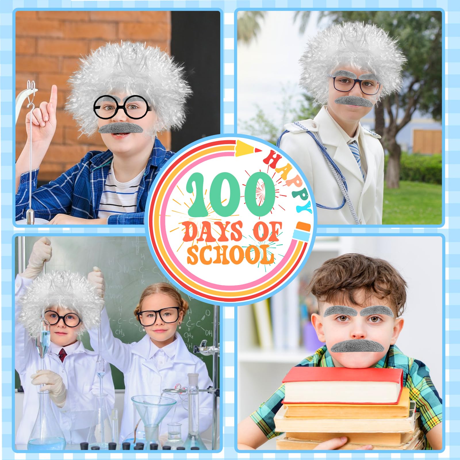 Set di 6 parrucche da scienziato pazzo, costume con retina per capelli, sopracciglia, baffi, occhiali per bambini e ragazzi, 100° giorno di scuola, accessori per cosplay del nonno