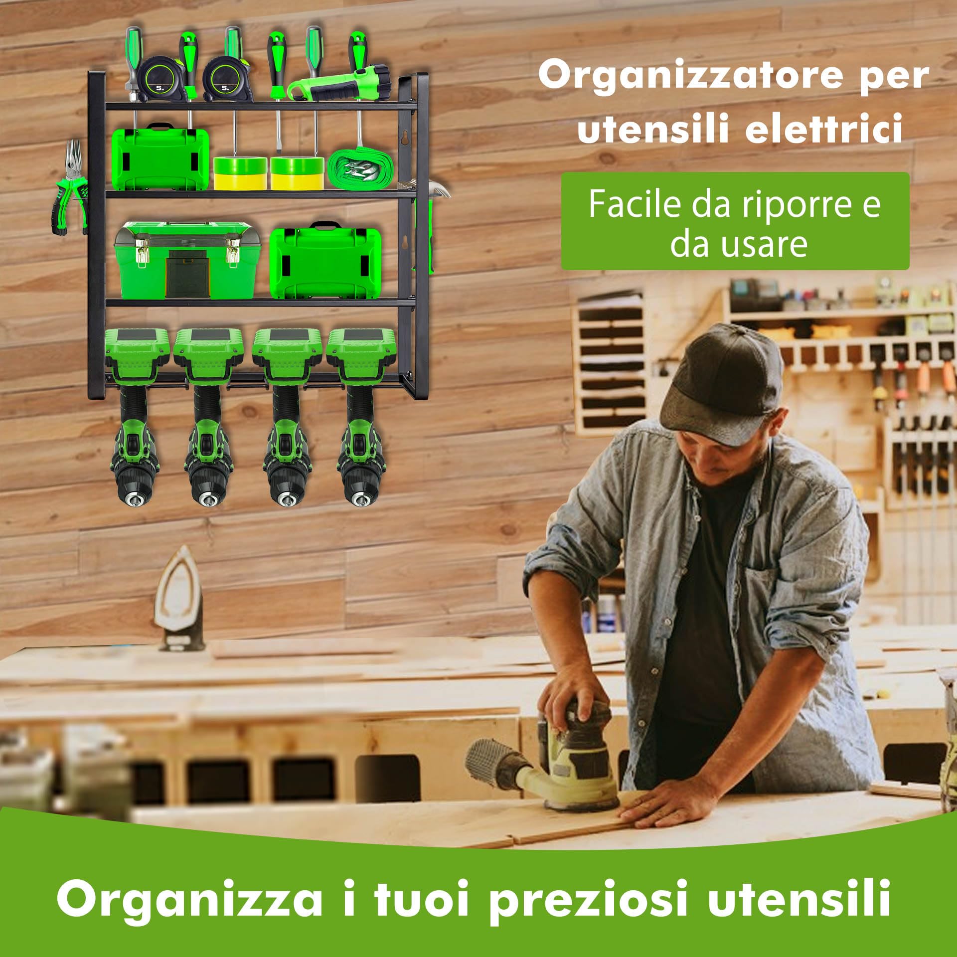 Mimoke Scaffale portautensili montato a parete – organizzatore di utensili elettrici a 4 livelli & organizzatore per attrezzi per garage e officina (4 livelli)