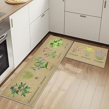 Kitchen Rugs Runner Set of 2 Anti Fatigue Kitchen Floor Mat for Home Decoration Office Waterproof Non Slip Kitchen Rug Set Comfort Standing Mats Floral C, 43x75+43x150cm