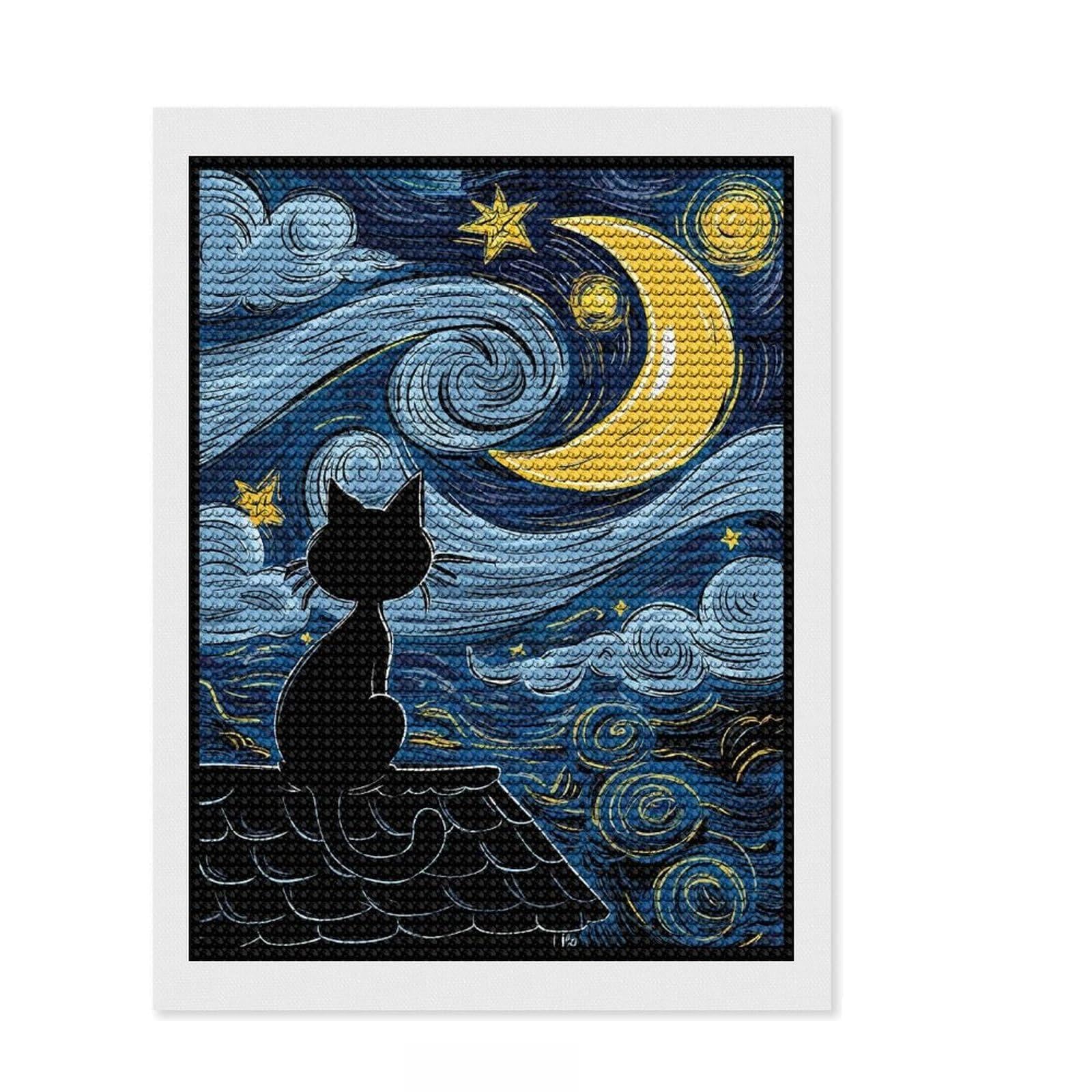 Junmoney Cat Under Starry Night Diamond Art Canvas 12"x16", for Teens, Enjoyable At-Home Hobby, Office Decor, Gift Idea, Pleasing Wall Art Project