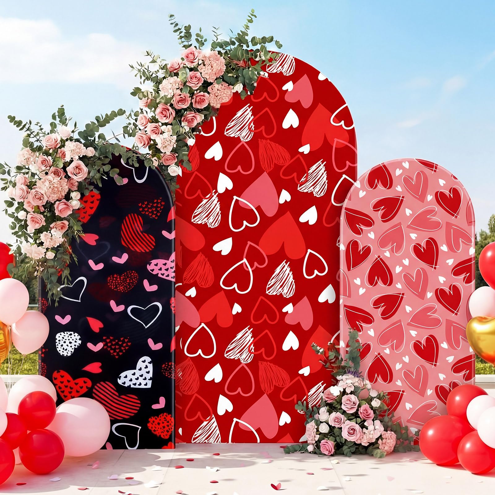 Valentine's Day Arch Backdrop Cover Set of 3-4FT 5FT 6FT Red Pink White Heart Spandex Fitted Round Top Arch Stand Covers for Valentine Wedding Anniversary Birthday Party Decor(Black)