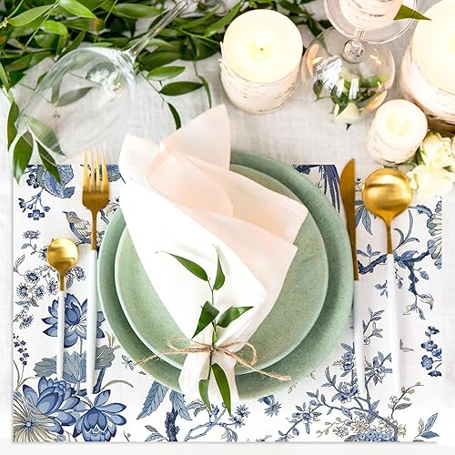Miniatura 5 de AnyDesign Paquete de 50 manteles individuales desechables de papel chinoiserie con diseño floral de pájaros, flores azules y blancas, manteles