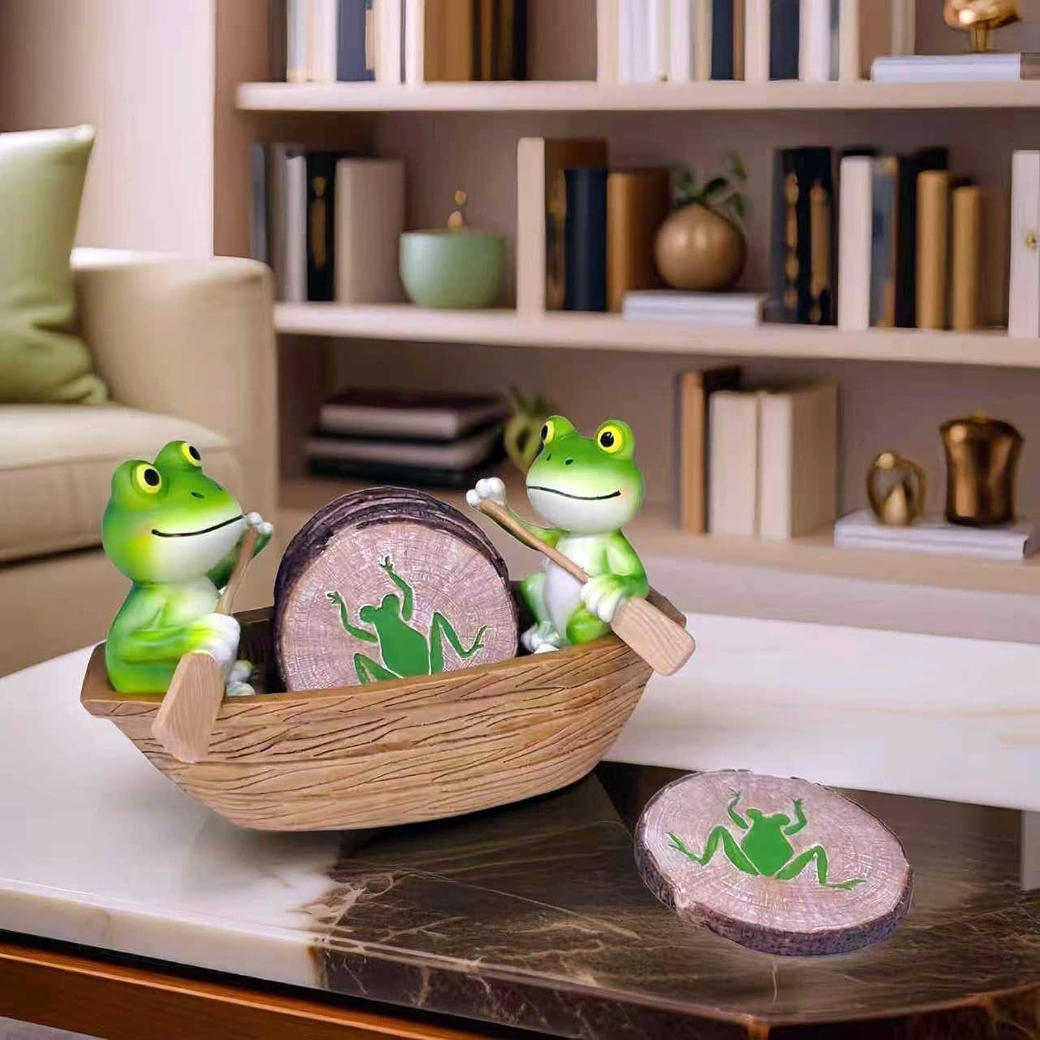 Frog Coasters Set of 6 Rustic Coasters in Handmade Canoe Drink Coffee Mug Wine Beer Bar Round Table Decorative Cute Log Cabin Decor for The Home - Image 3