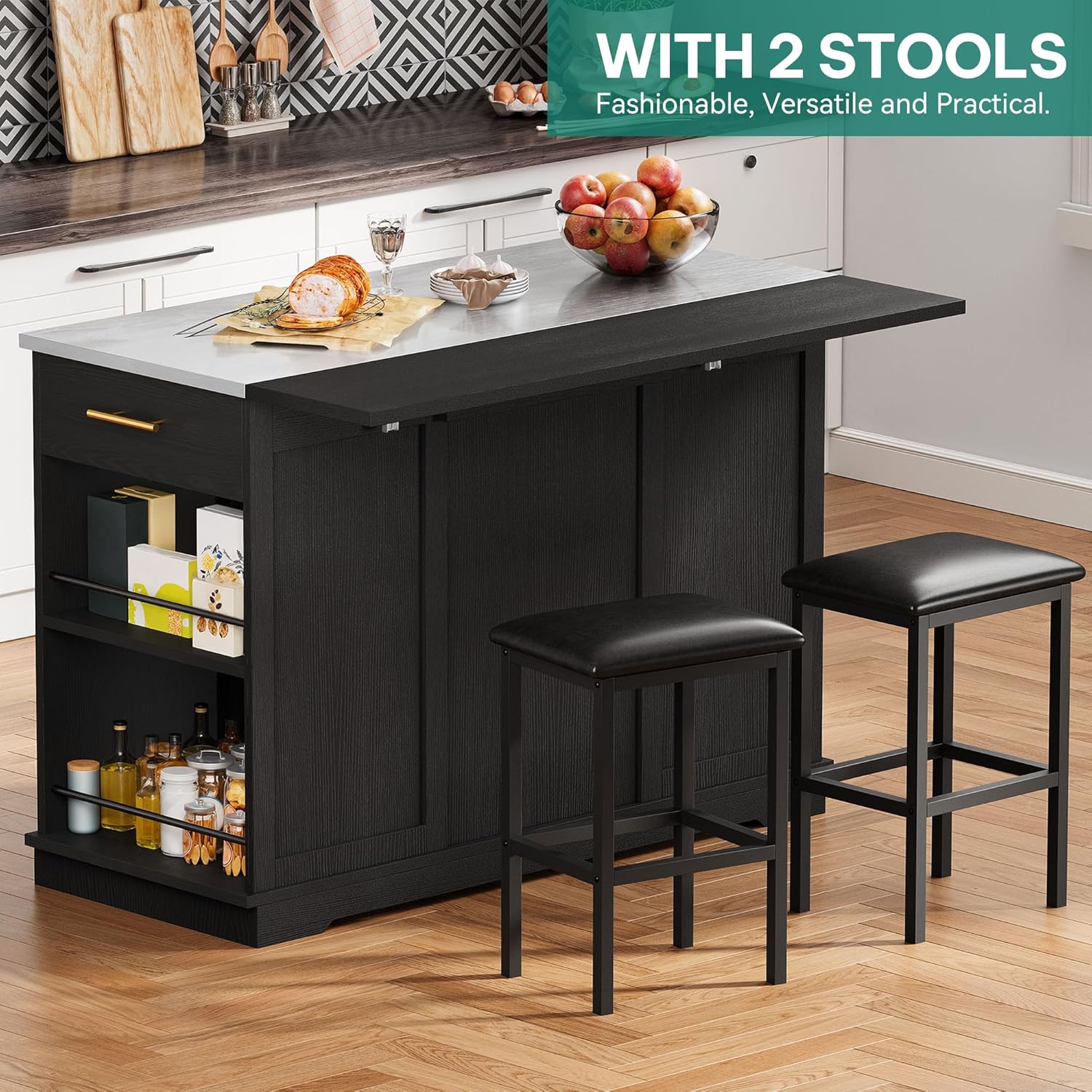 YITAHOME Kitchen Islands with Seating, 47" Mobile Storage Island with Trash Can, Rolling Kitchen Island Cart with Drop Leaf & Stainless Steel Countertop, Bar Table with 2 Stools, Spice Rack, Black