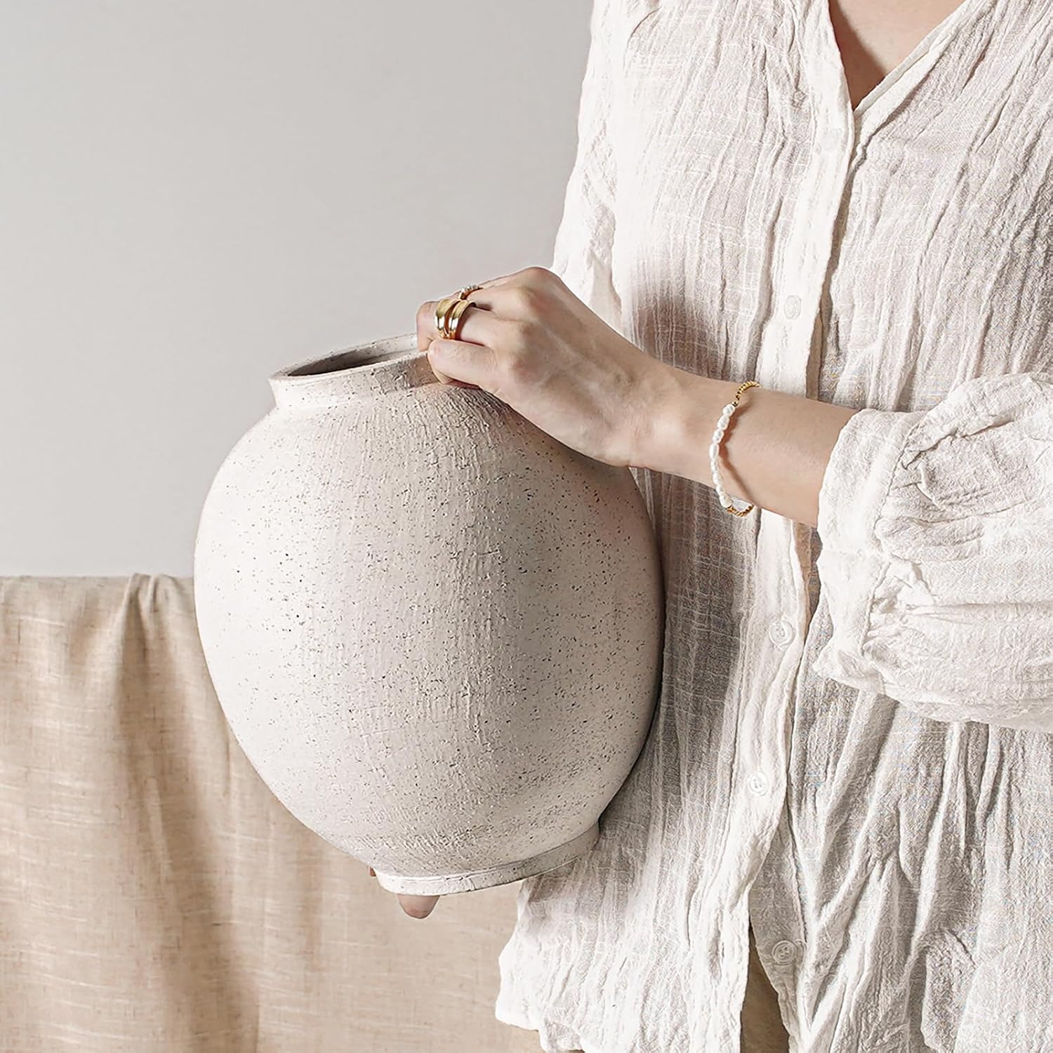 Large White Ceramic Vase - 9.8 Inch Rustic Farmhouse Vase for Home Decor, Minimalist Tall Vases for Living Room, Table, Bathroom, Holiday & Weddings (Sandstone White) Sandstone White 9.8 inch