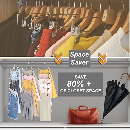 Miniatura 3 de Paquete de 3 perchas para pantalones que ahorran espacio, organizadores de armario de 6 niveles y perchas de almacenamiento para faldas con clips