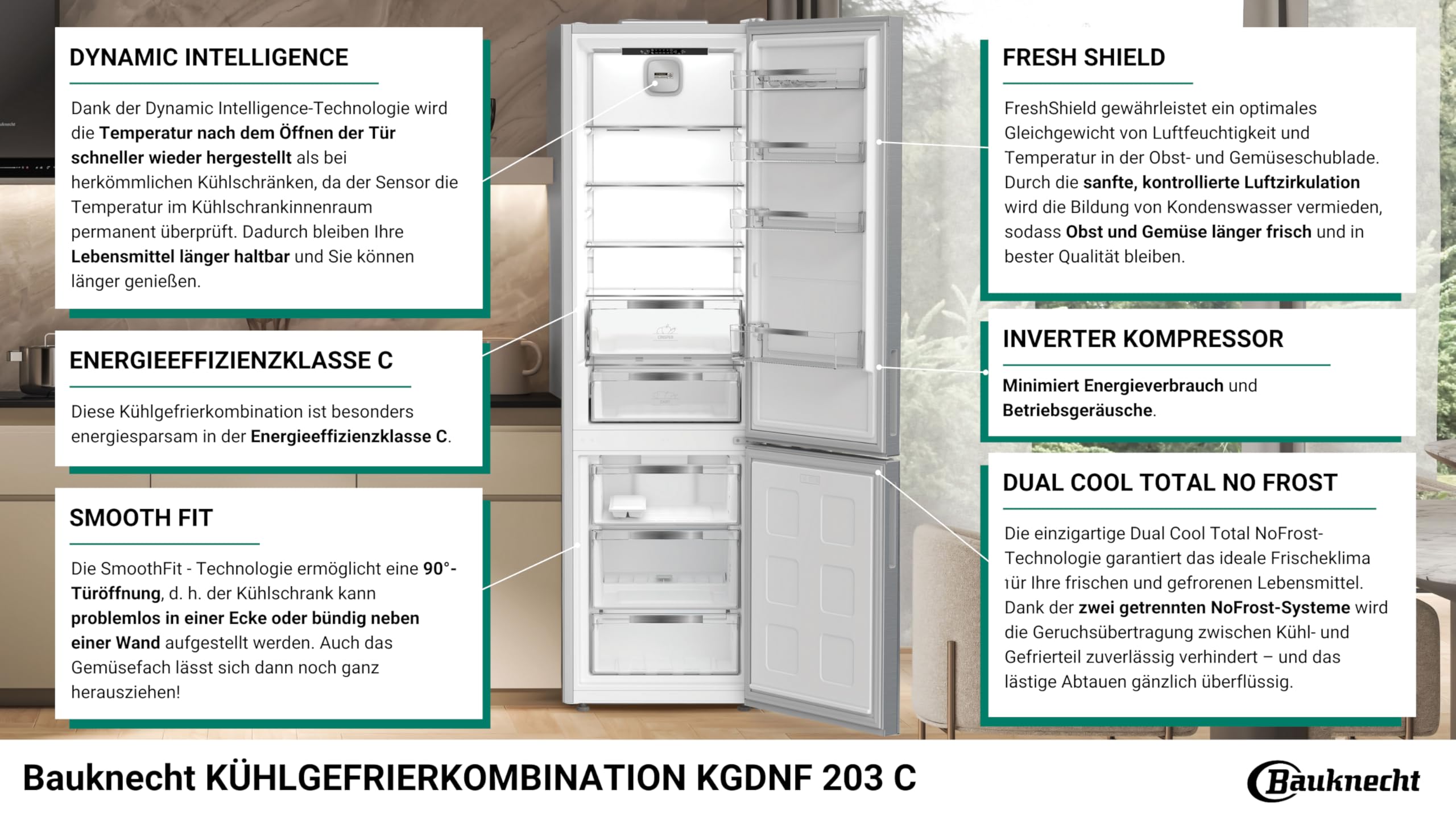 Bauknecht KGDNF 203 C/Freistehende Kühl- Gefrierkombination/Dynamic Intelligence/Dual Cool Total NoFrost/EEK C/Smooth Fit/EvenFlow/FreshShield/ 25 Years Compressor Lifetime Tested by VDE