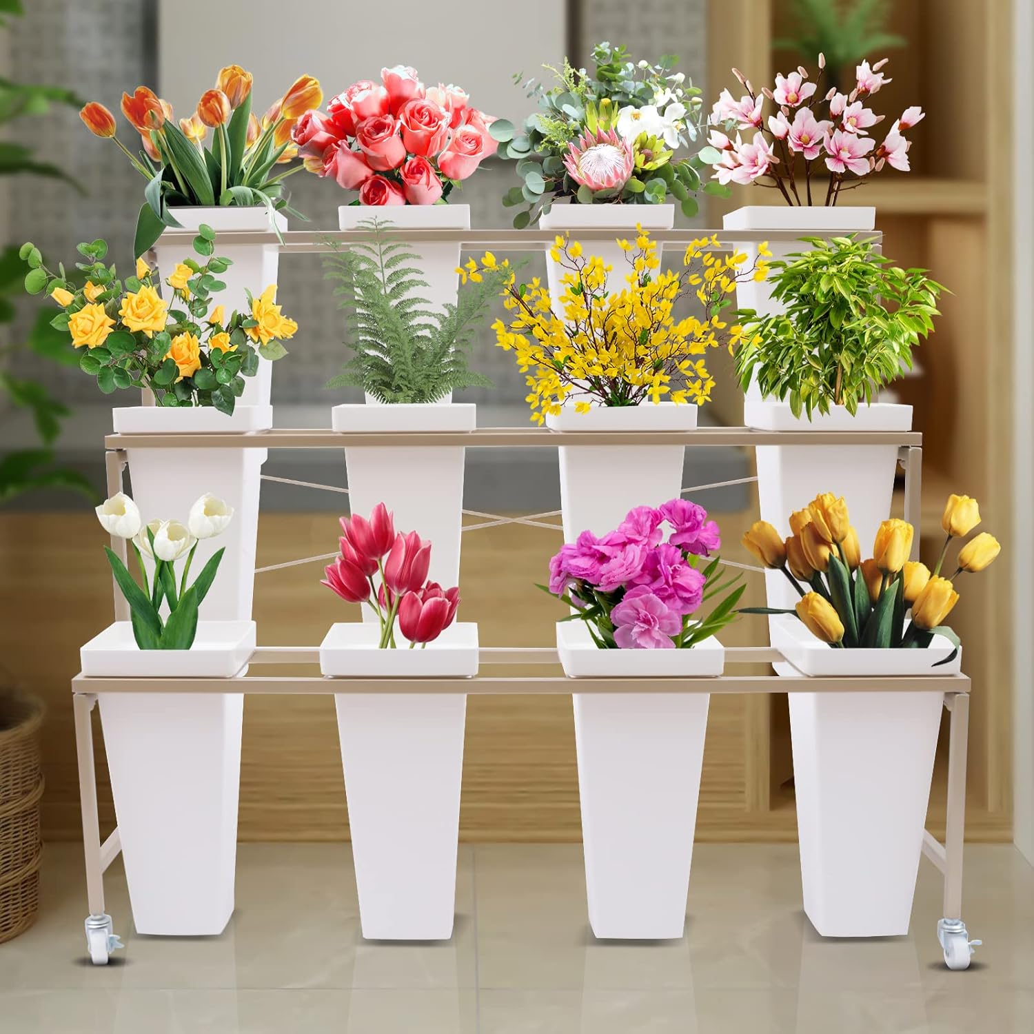 DYRABREST Flower Display Stand With 12PCS Buckets, 3 Layers