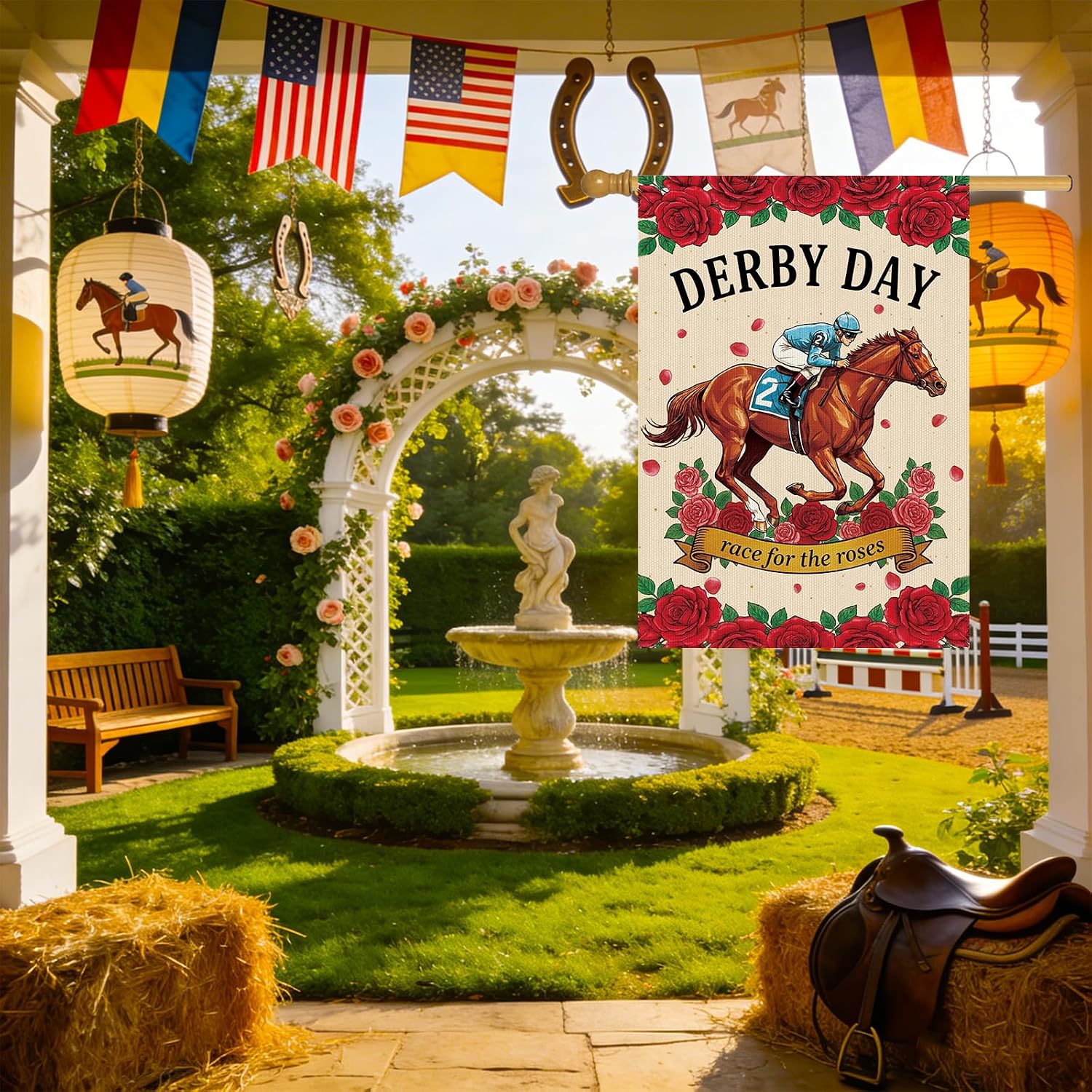 Kentucky Horse Flag Decorations, Race for the Roses Duble Sided Yard Flags for Outdoor Decorations, Horse Racing Party Banner for Home Lawn Decor Supplies